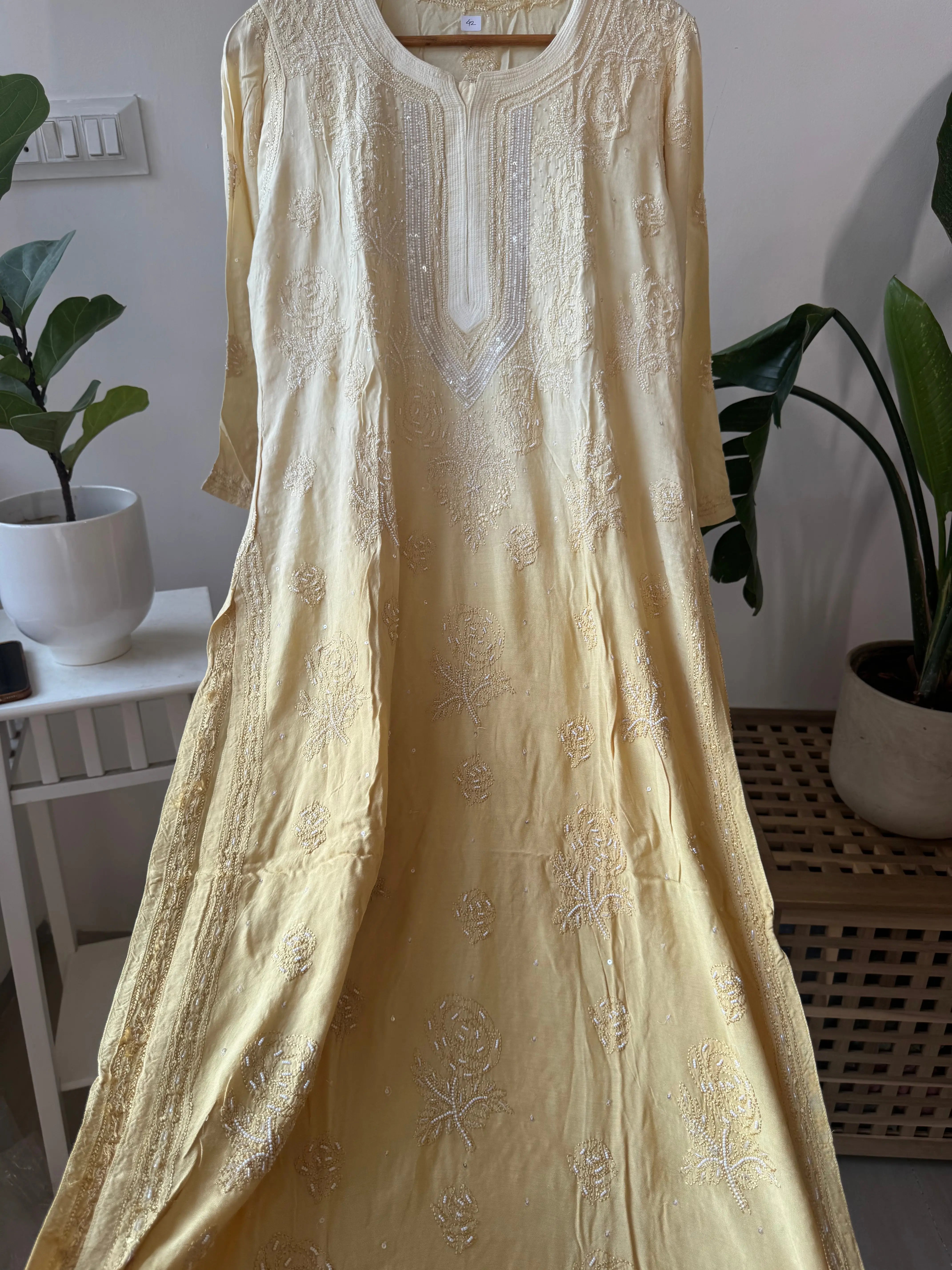 Muslin Chikankari Kurti with Pearl  Work - Cream ARIAA CHIKANKARI