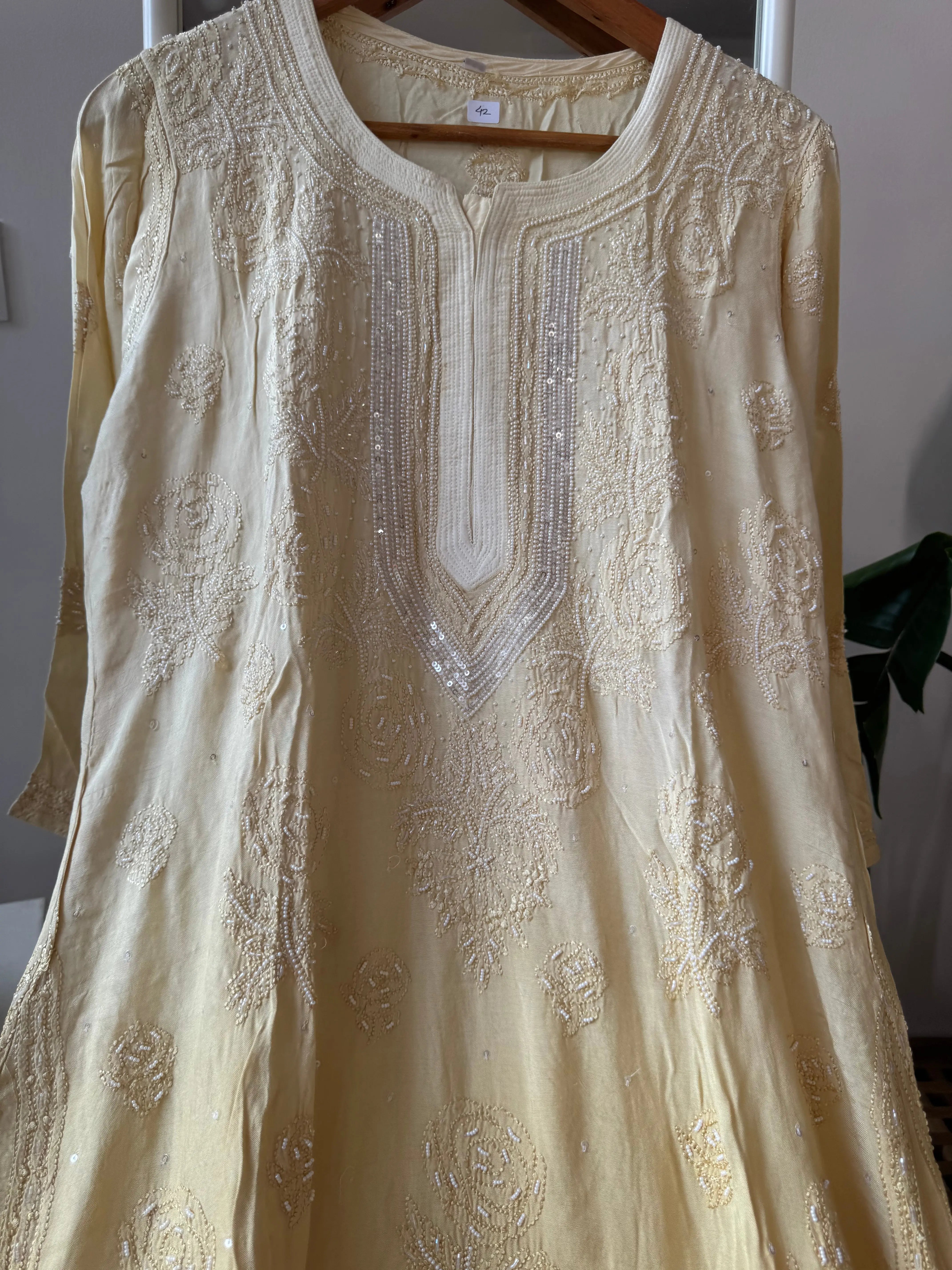 Muslin Chikankari Kurti with Pearl  Work - Cream ARIAA CHIKANKARI