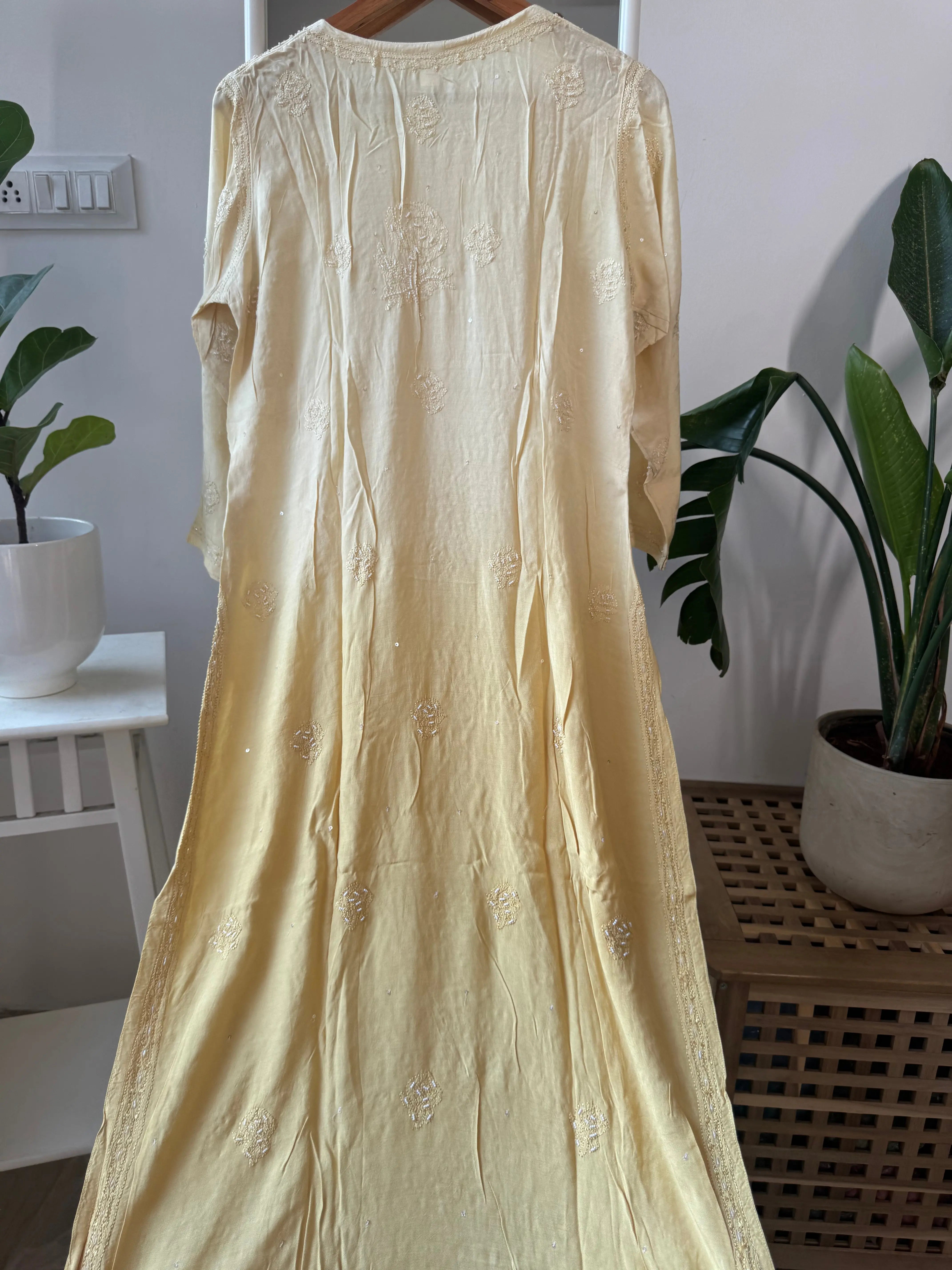 Muslin Chikankari Kurti with Pearl Work - Cream ARIAA CHIKANKARI