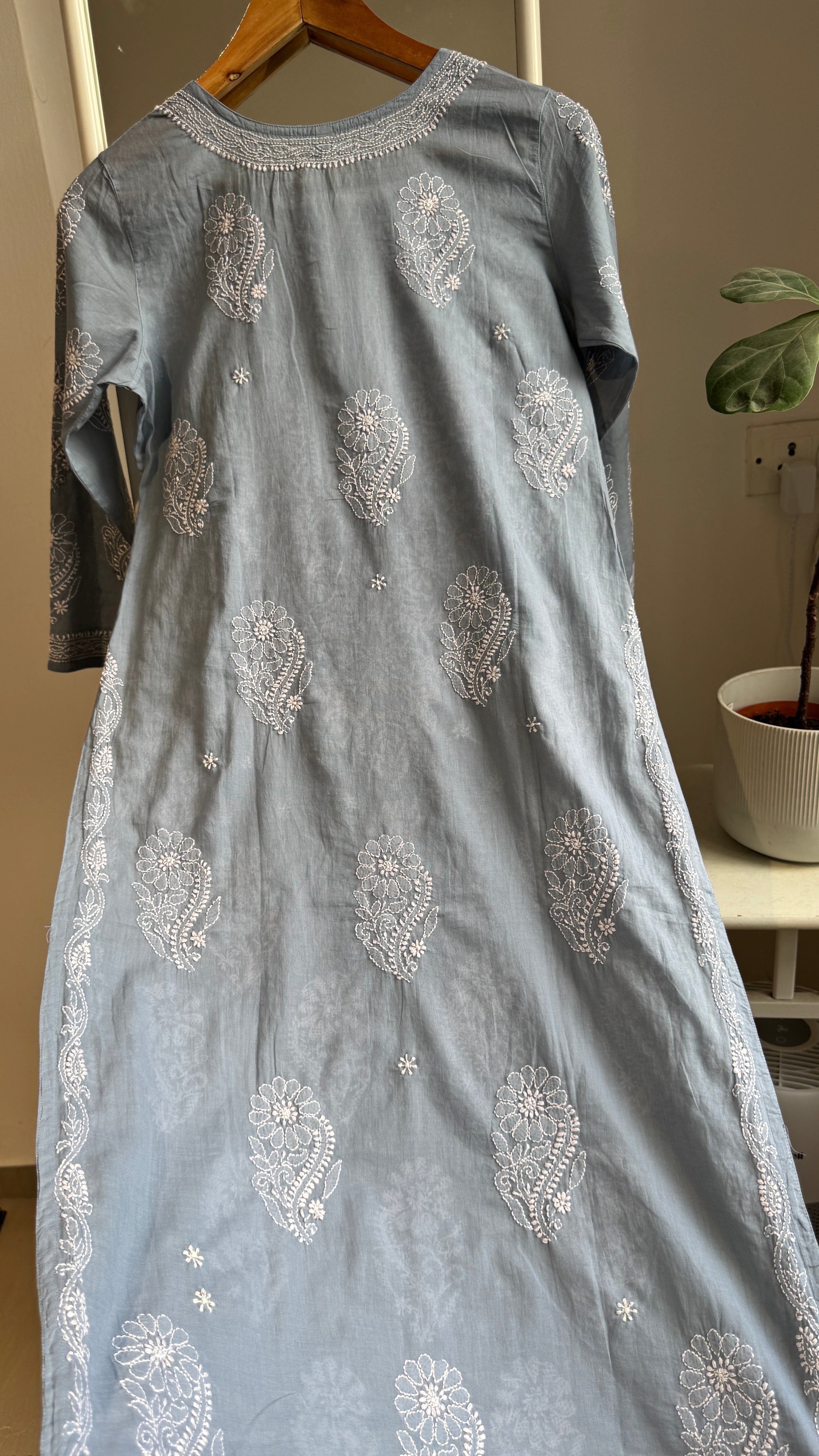 Mul Cotton Grey Chikankari Kurti - Saaz Collection