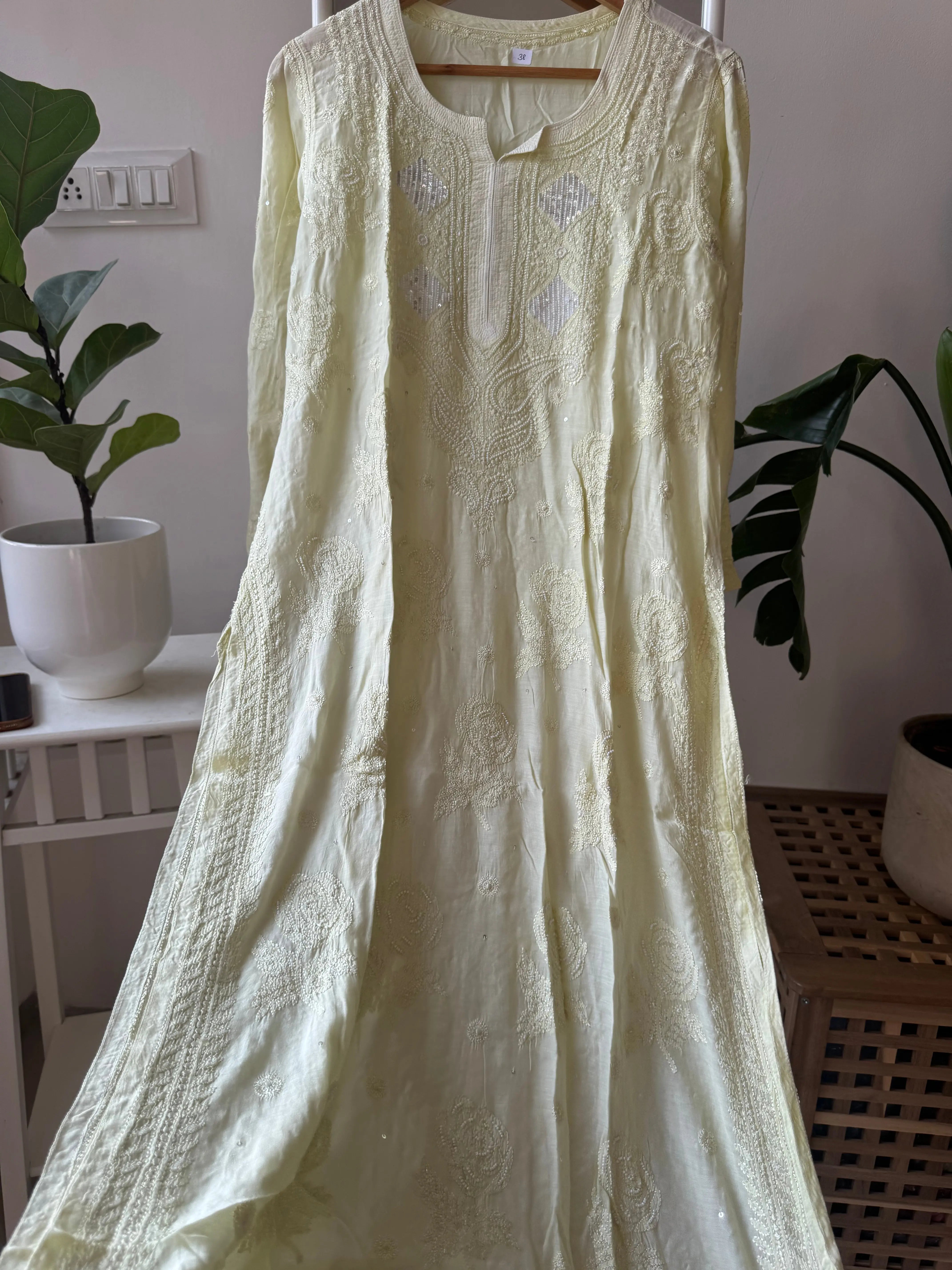 Muslin Chikankari Kurti with Pearl  Work - Apple Green ARIAA CHIKANKARI