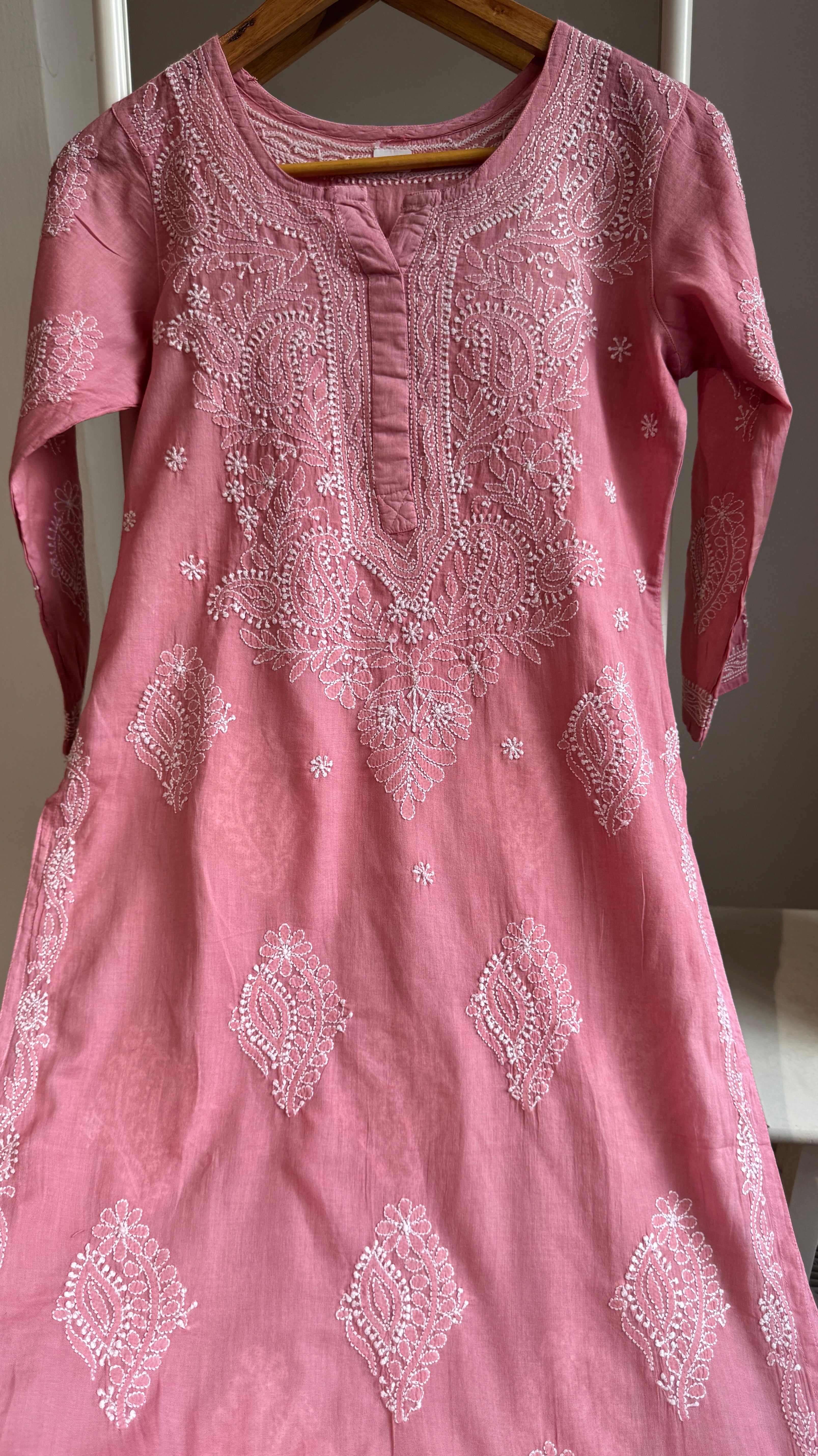 Mul Cotton Rosewood Pink Chikankari Kurti - Saaz Collection