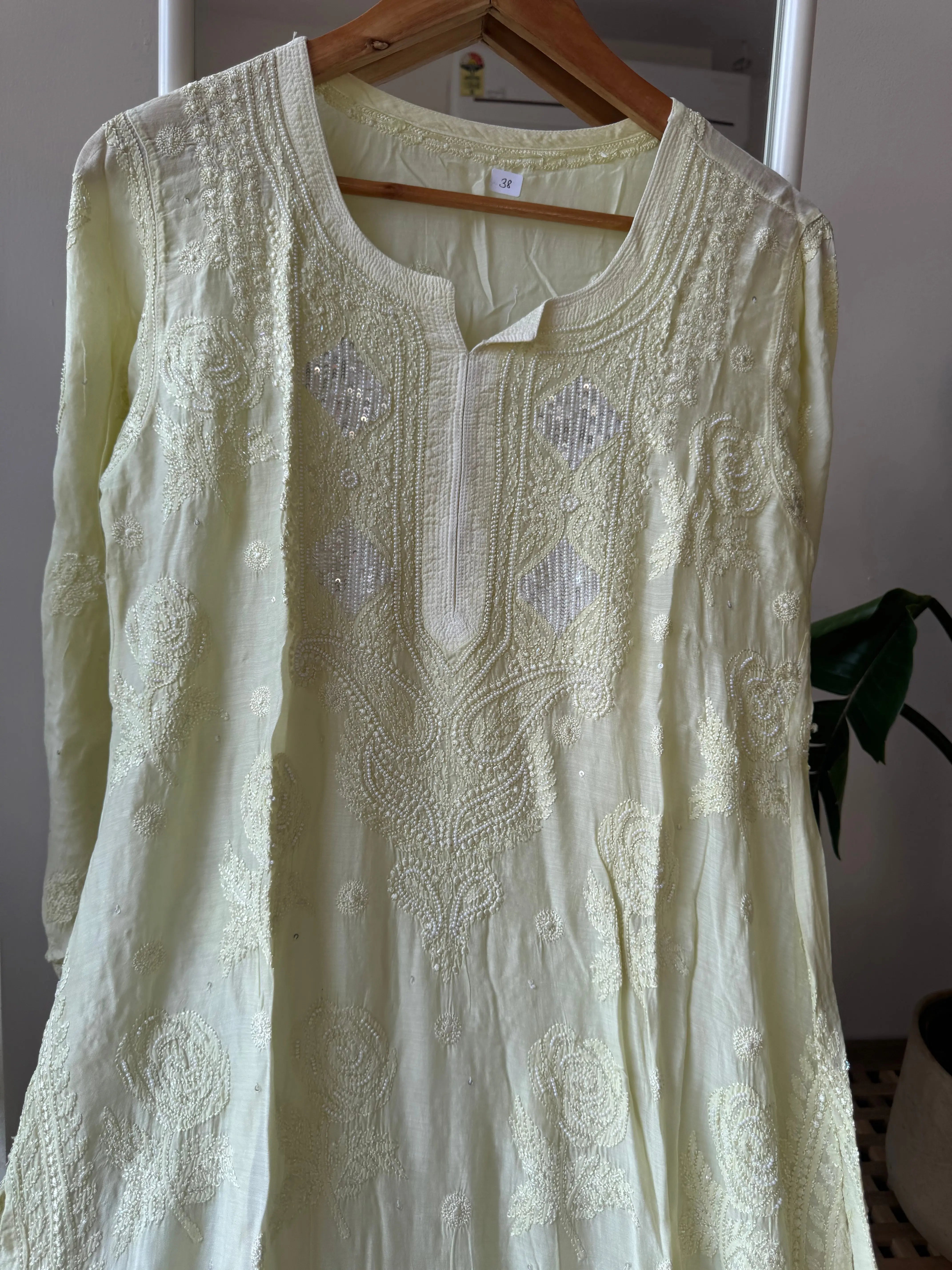 Muslin Chikankari Kurti with Pearl Work - Apple Green ARIAA CHIKANKARI