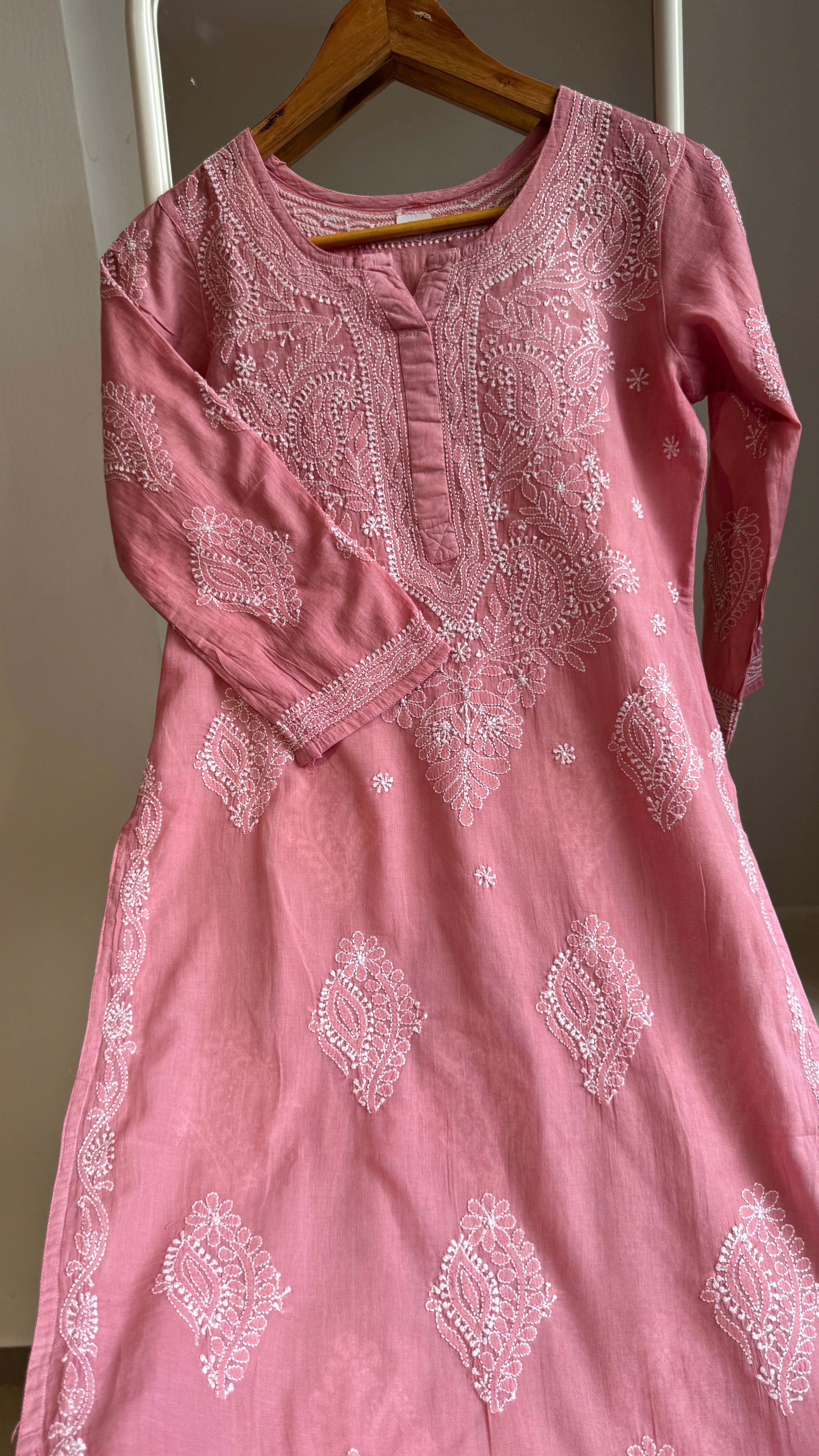 Mul Cotton Rosewood Pink Chikankari Kurti - Saaz Collection