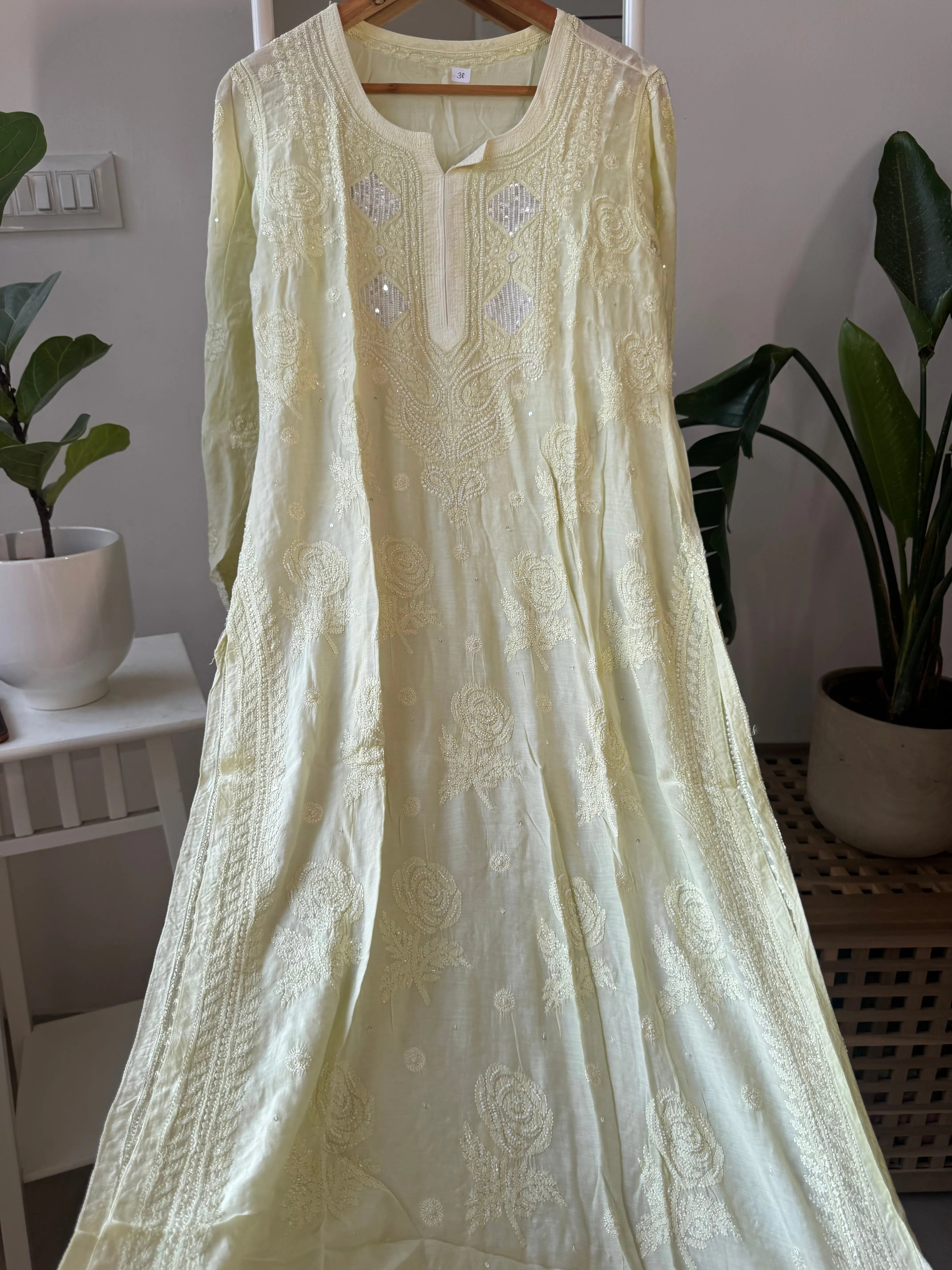 Muslin Chikankari Kurti with Pearl Work - Apple Green ARIAA CHIKANKARI