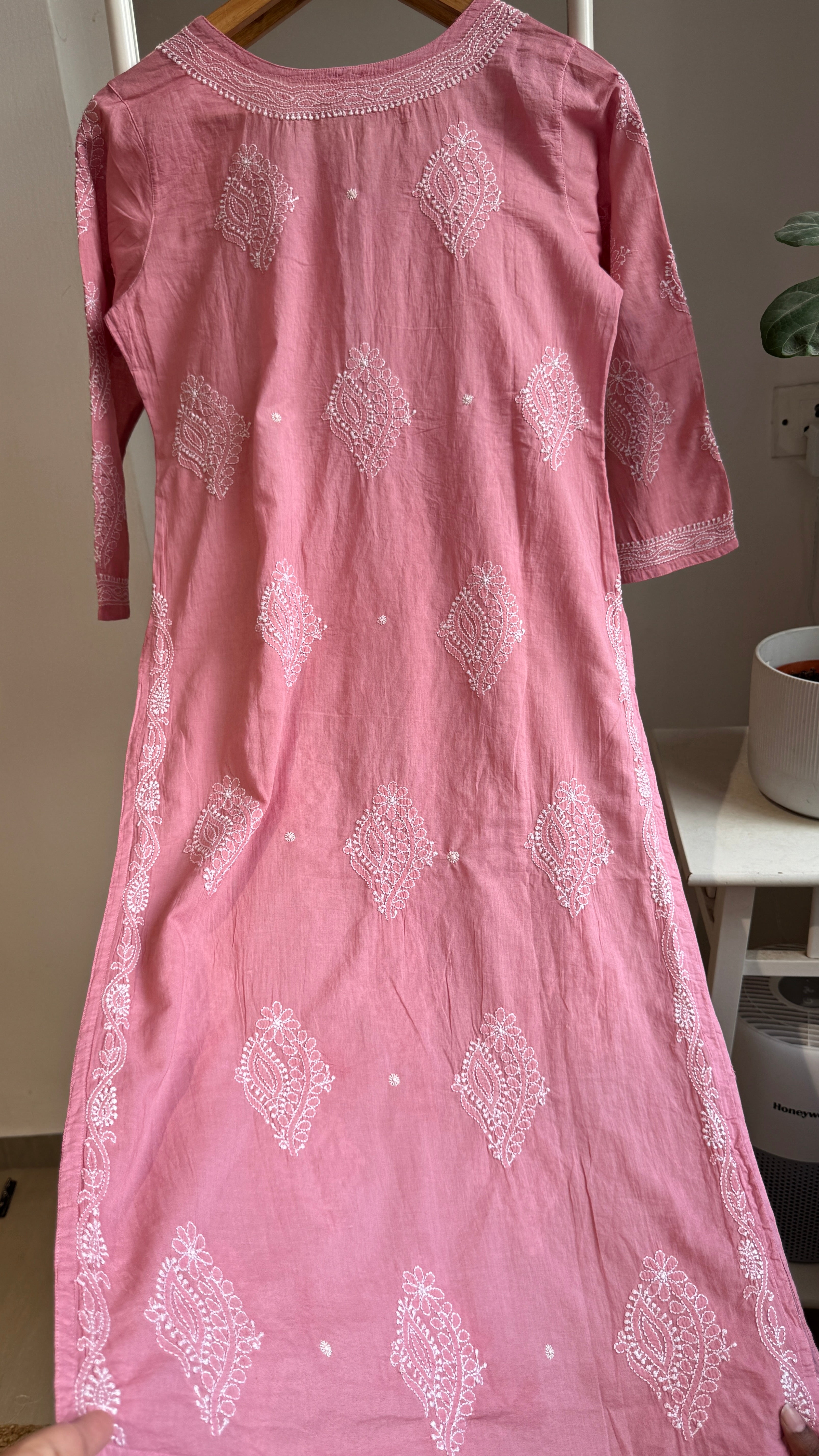 Mul Cotton Rosewood Pink Chikankari Kurti - Saaz Collection