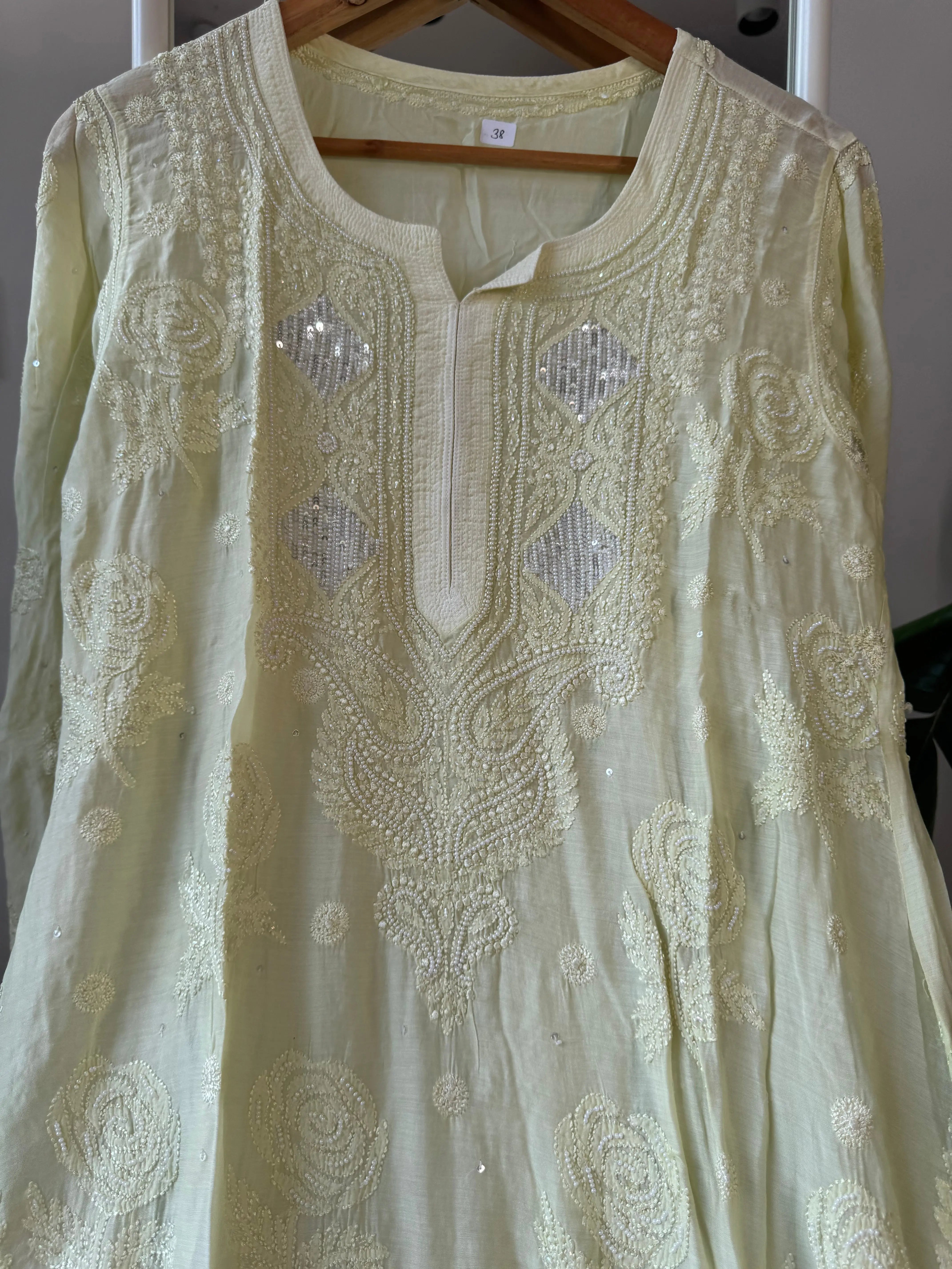 Muslin Chikankari Kurti with Pearl  Work - Apple Green ARIAA CHIKANKARI