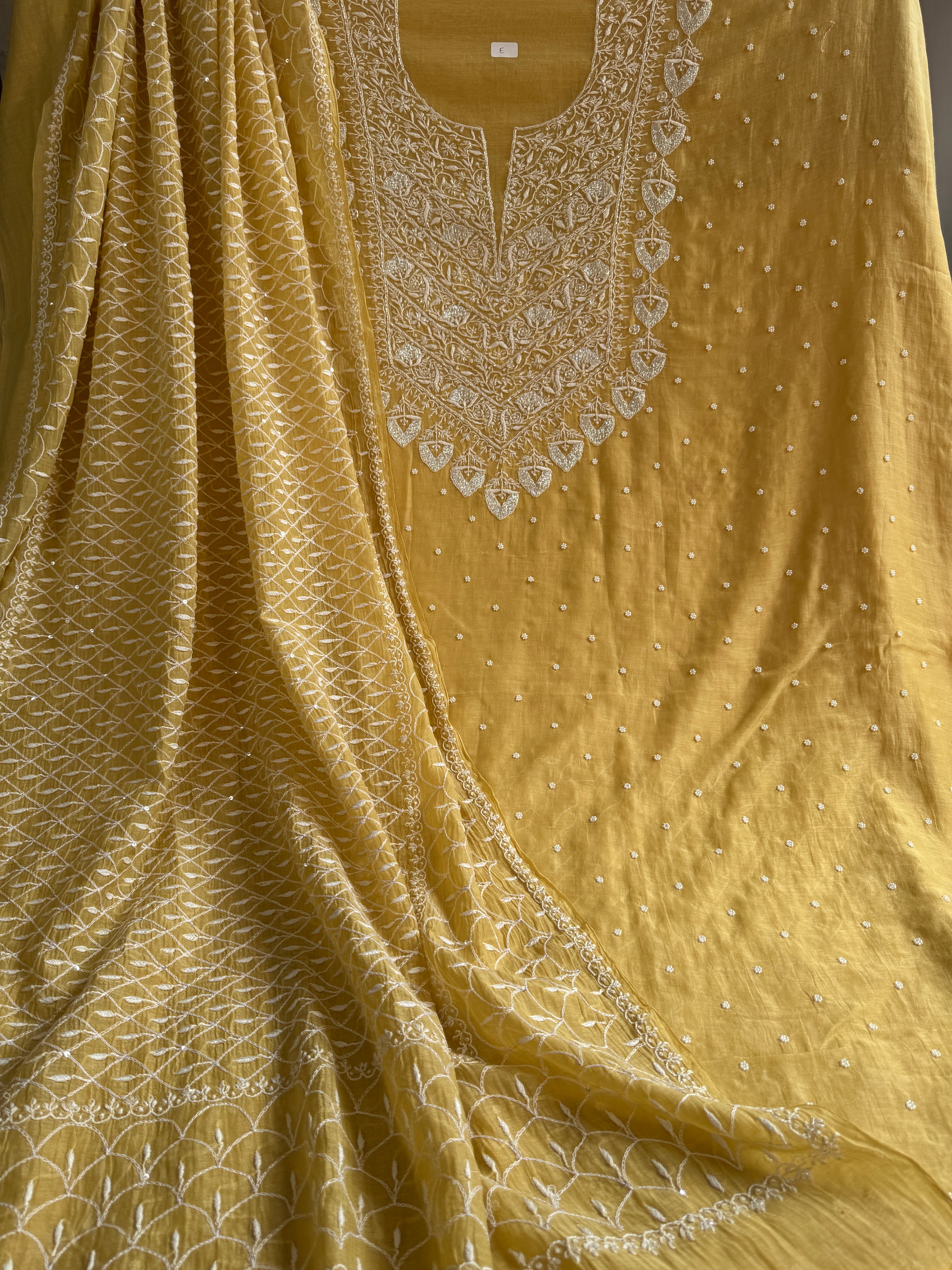 Mul Chanderi Chikankari - Unstitched Set - Butter Yellow Beige