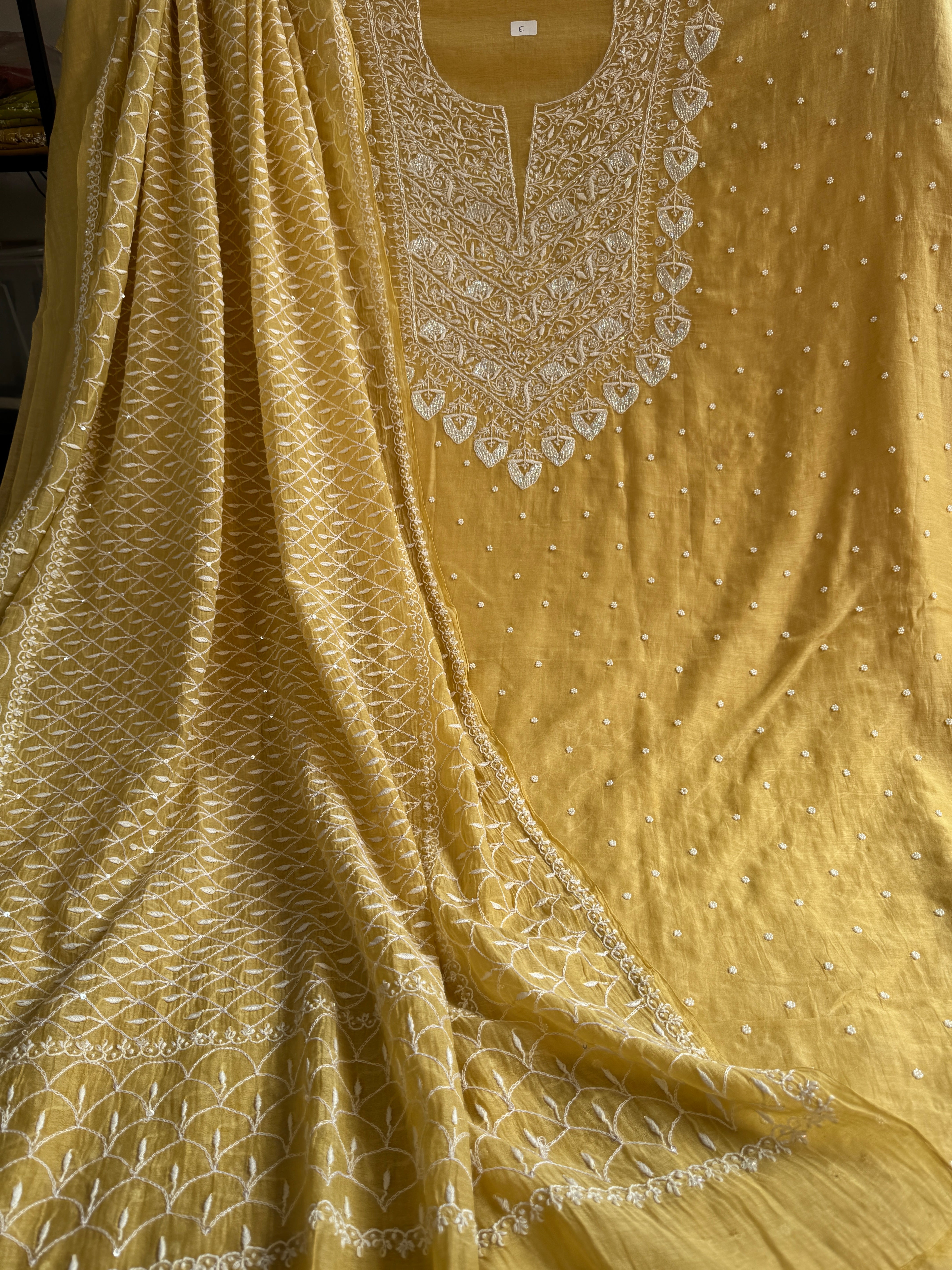 Mul Chanderi Chikankari - Unstitched Set - Butter Yellow Beige
