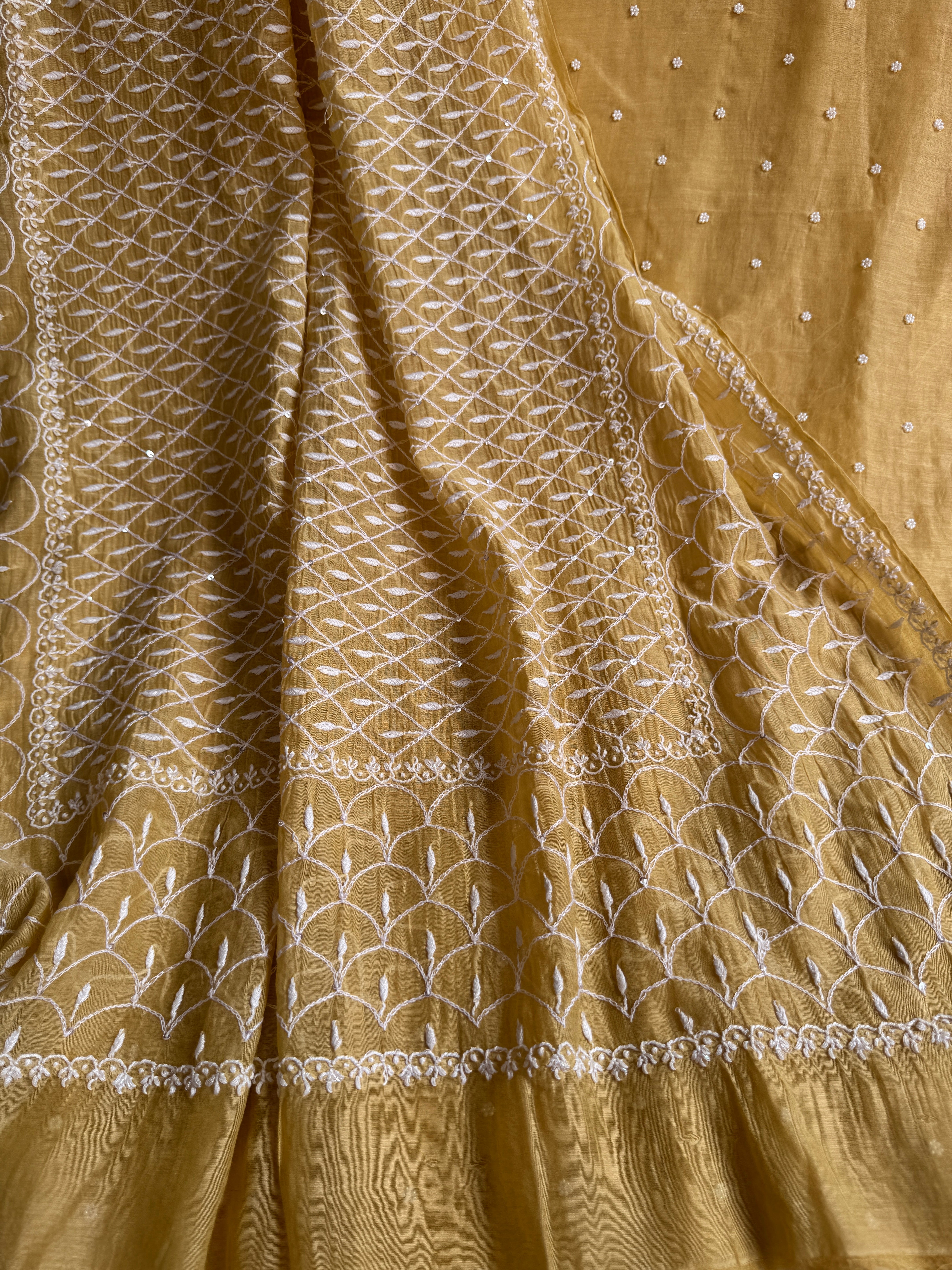 Mul Chanderi Chikankari - Unstitched Set - Butter Yellow Beige