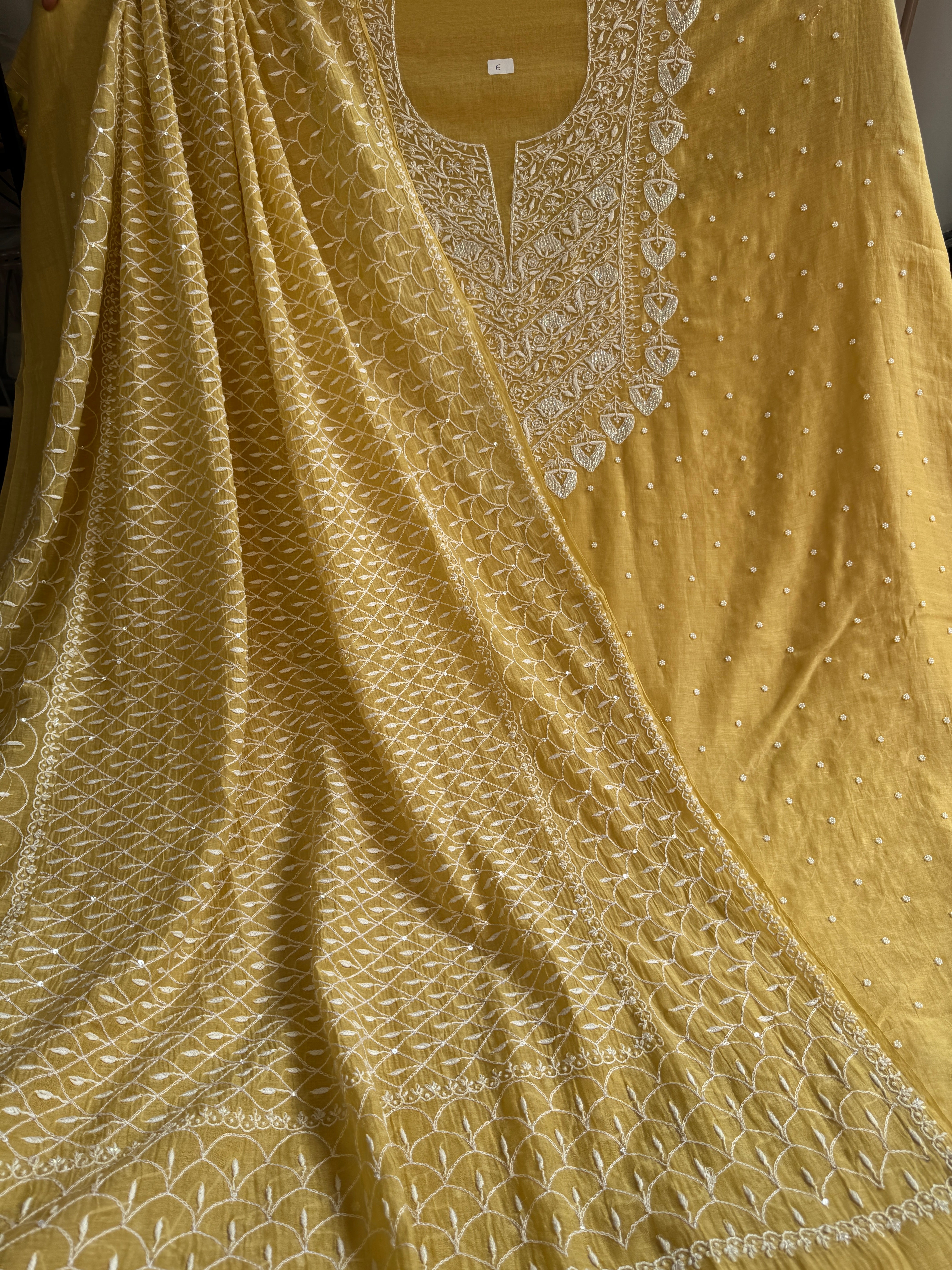 Mul Chanderi Chikankari - Unstitched Set - Butter Yellow Beige
