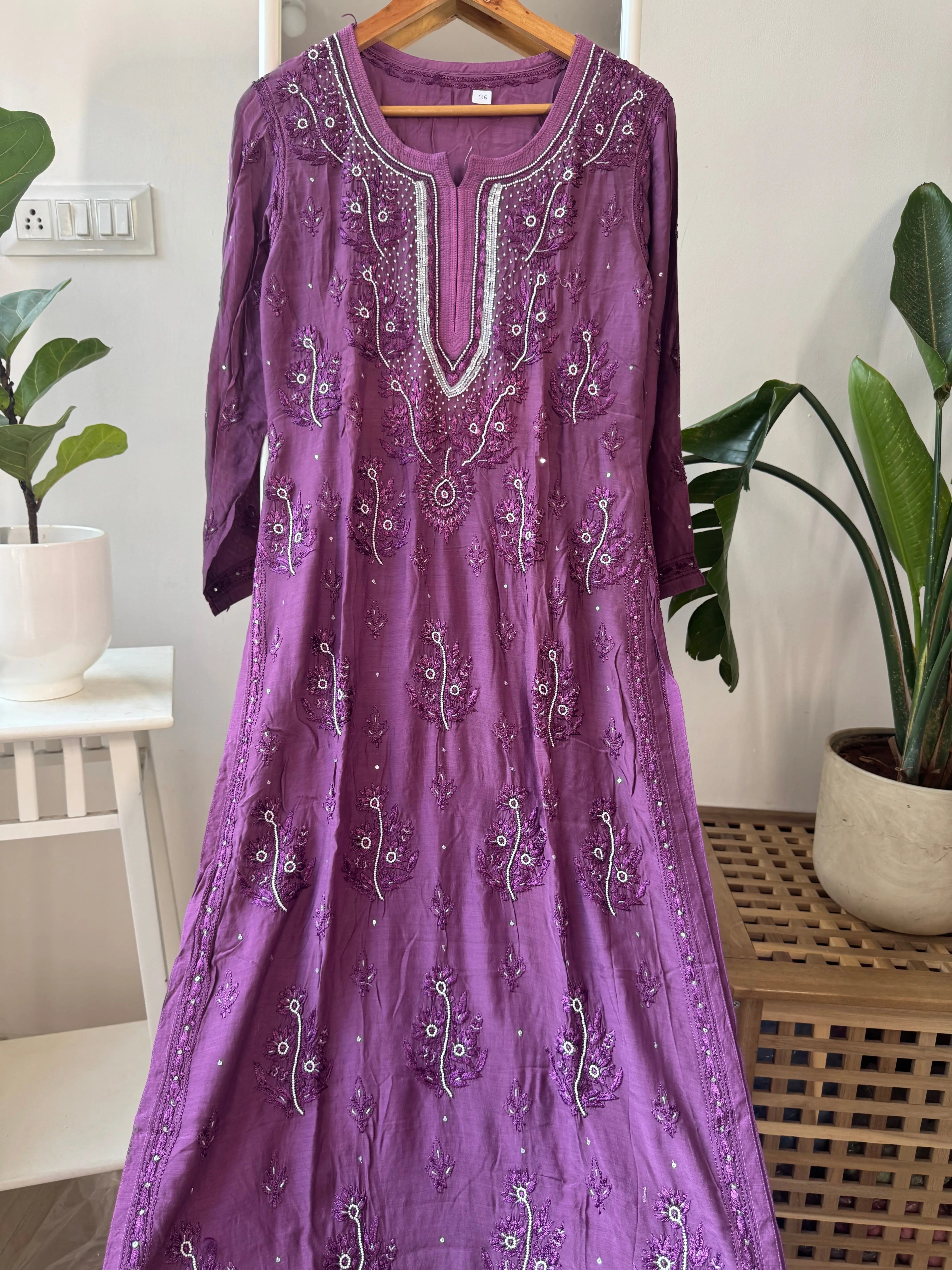 Muslin Chikankari Kurti with Pearl  Work - Purple ARIAA CHIKANKARI