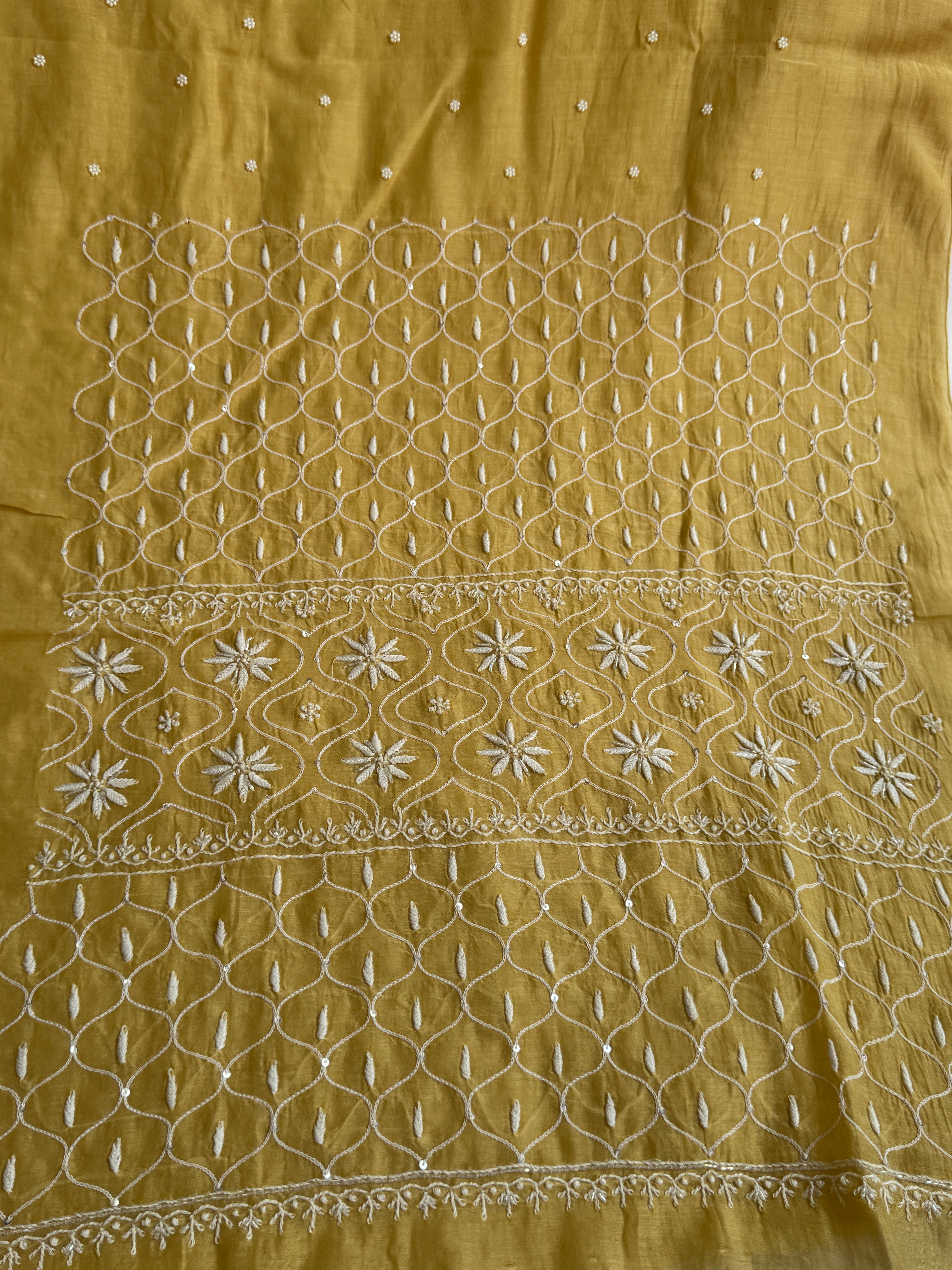 Mul Chanderi Chikankari - Unstitched Set - Butter Yellow Beige