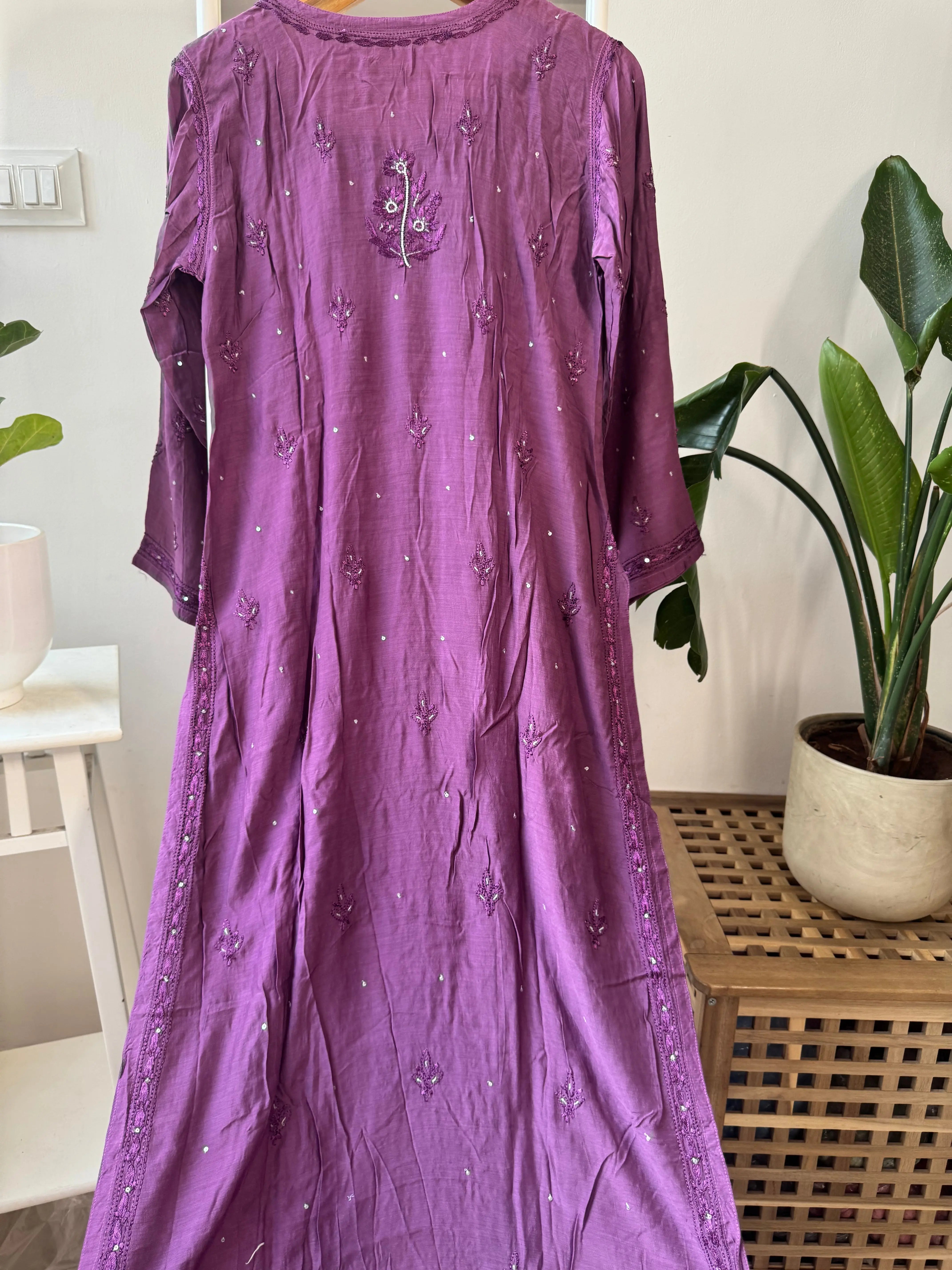 Muslin Chikankari Kurti with Pearl  Work - Purple ARIAA CHIKANKARI