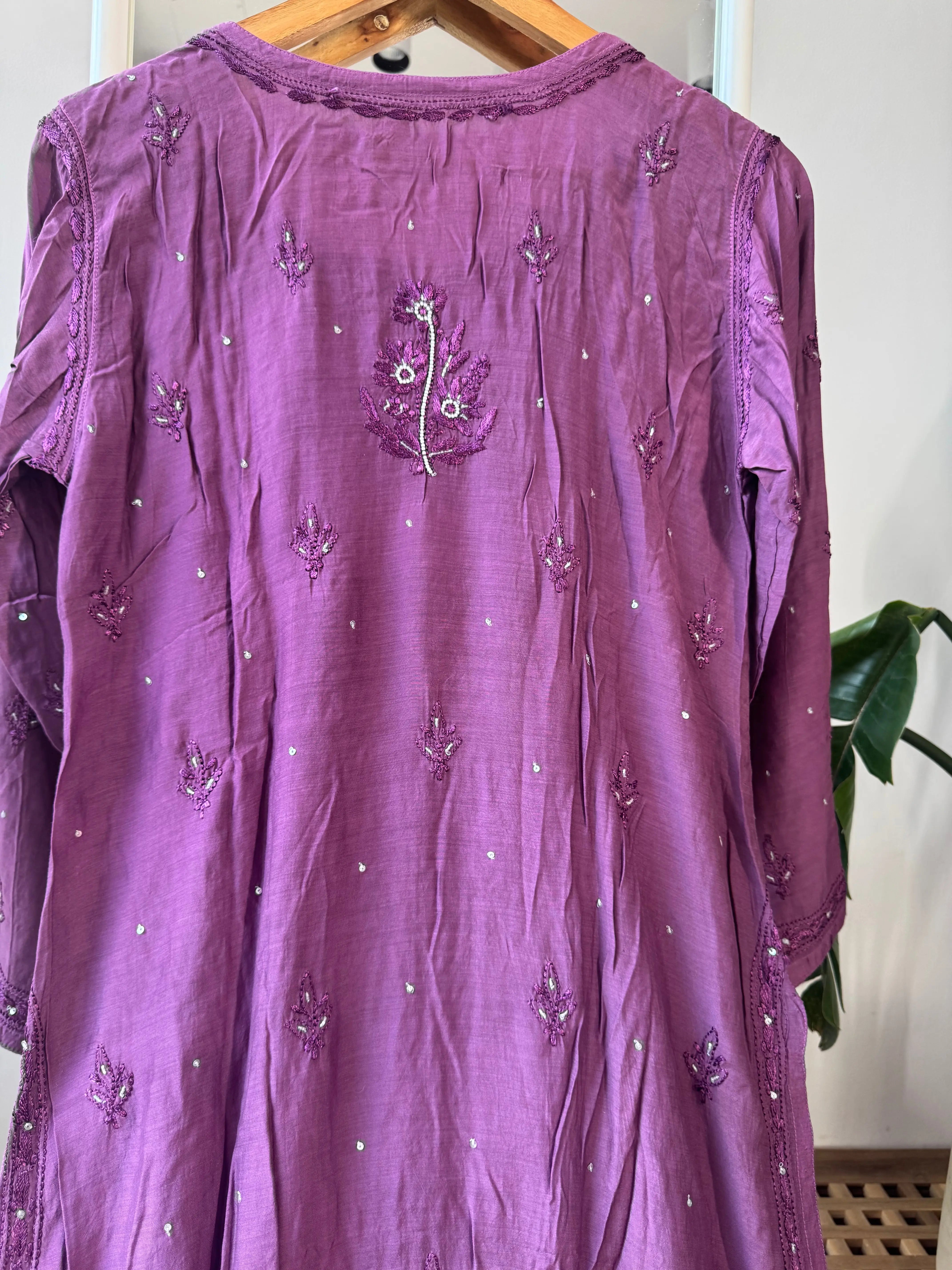 Muslin Chikankari Kurti with Pearl Work - Purple ARIAA CHIKANKARI
