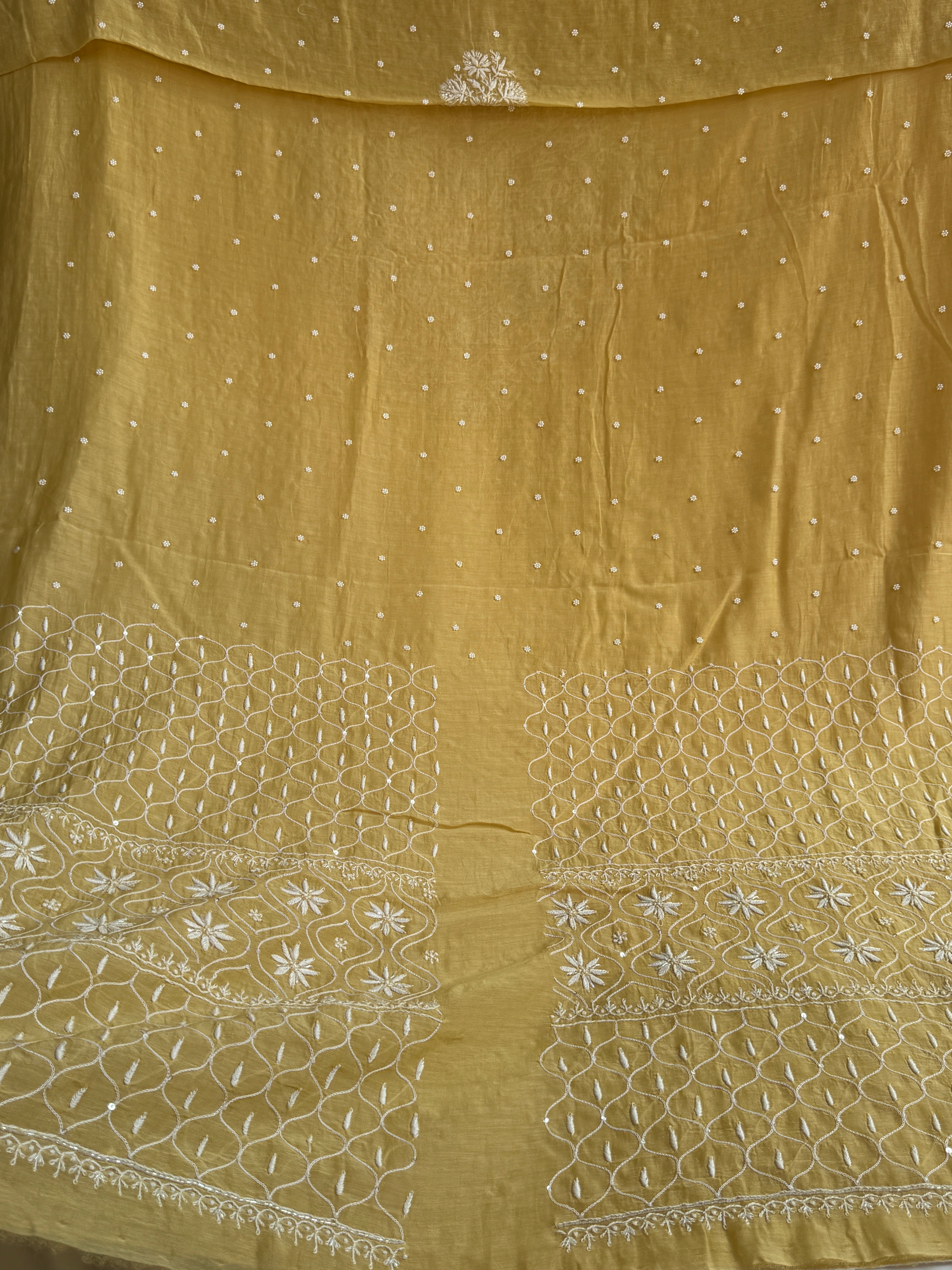 Mul Chanderi Chikankari - Unstitched Set - Butter Yellow Beige