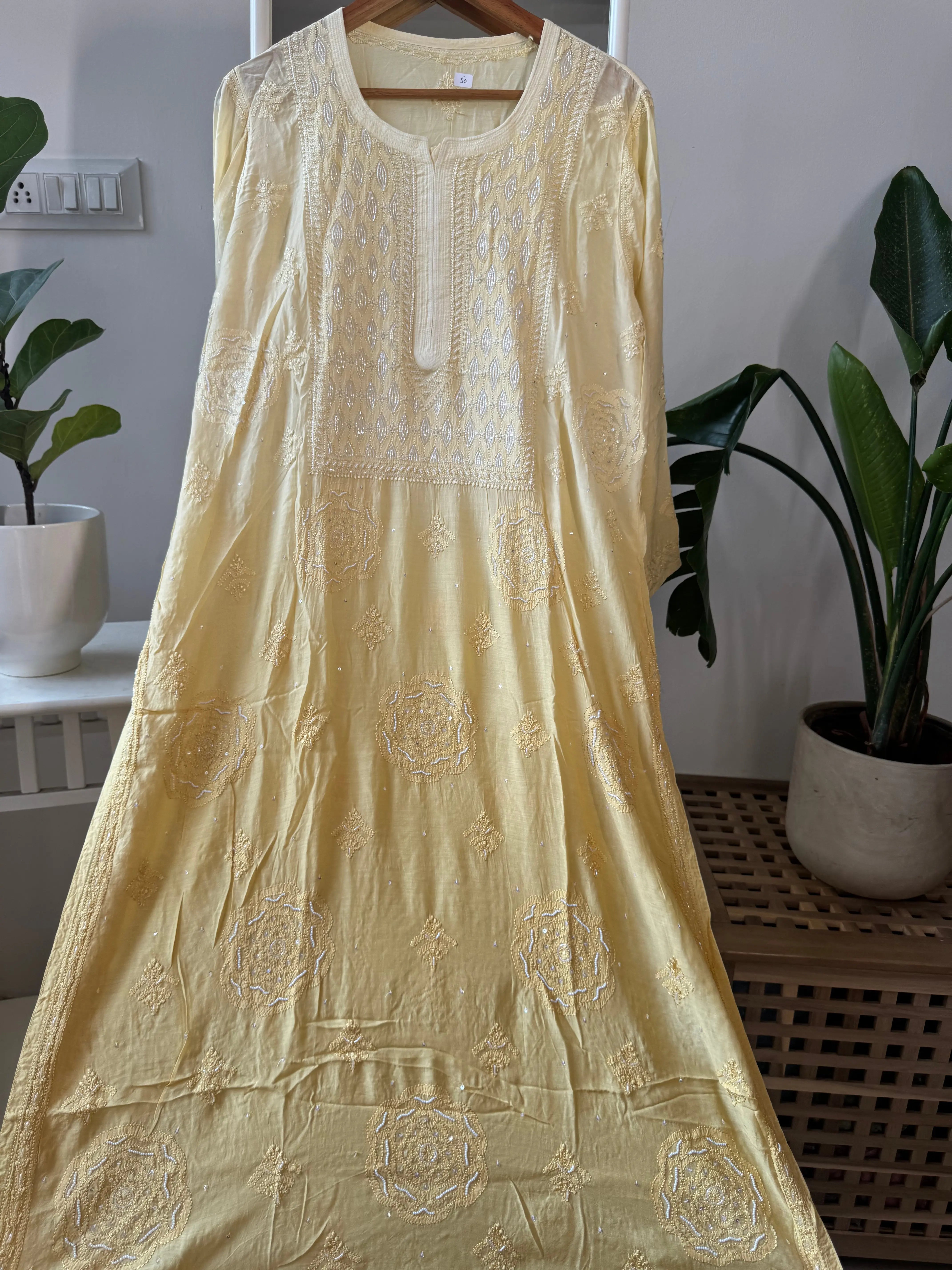 Muslin Chikankari Kurti with Pearl  Work - Cream Yellow ARIAA CHIKANKARI