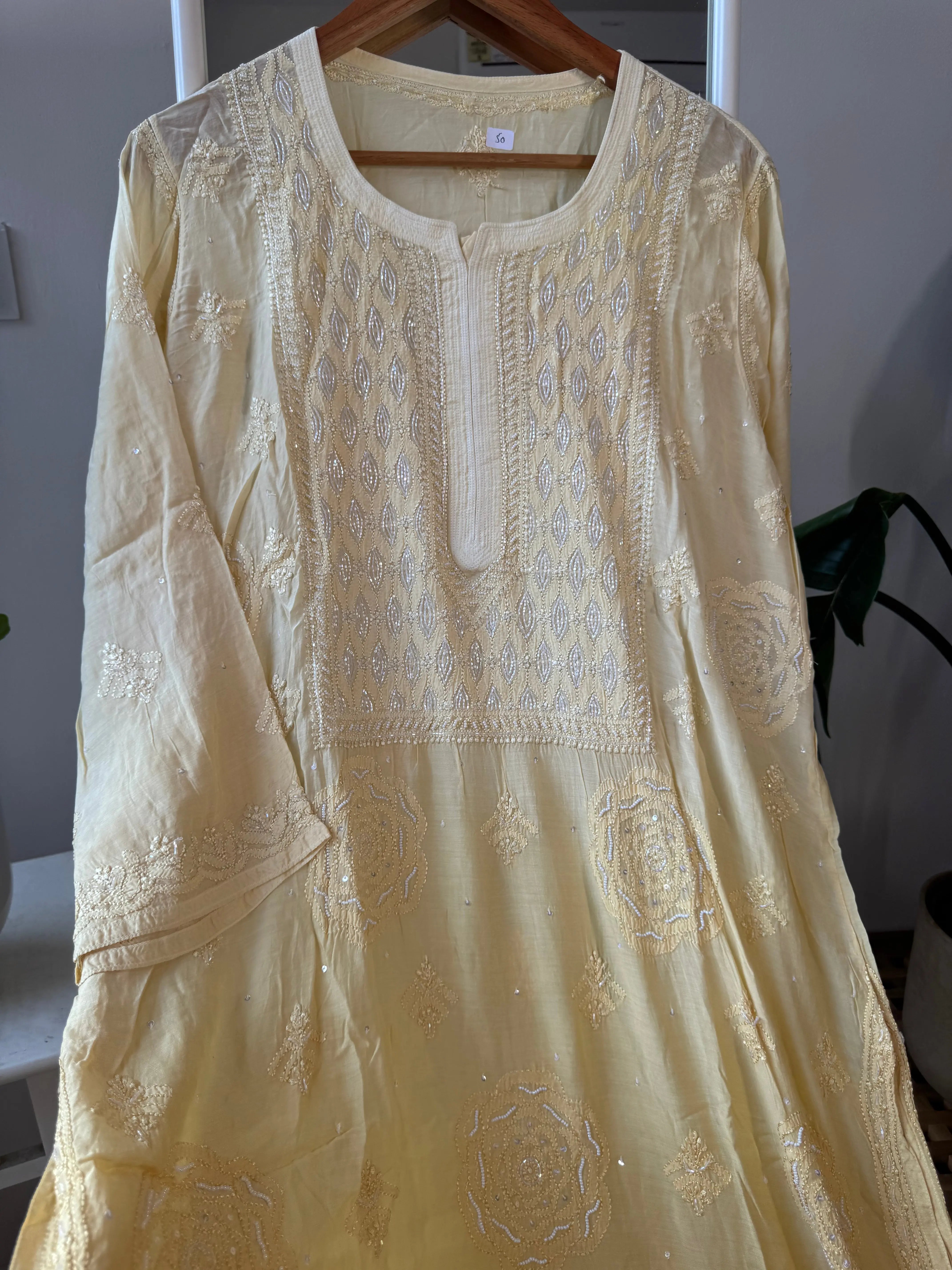 Muslin Chikankari Kurti with Pearl Work - Cream Yellow ARIAA CHIKANKARI