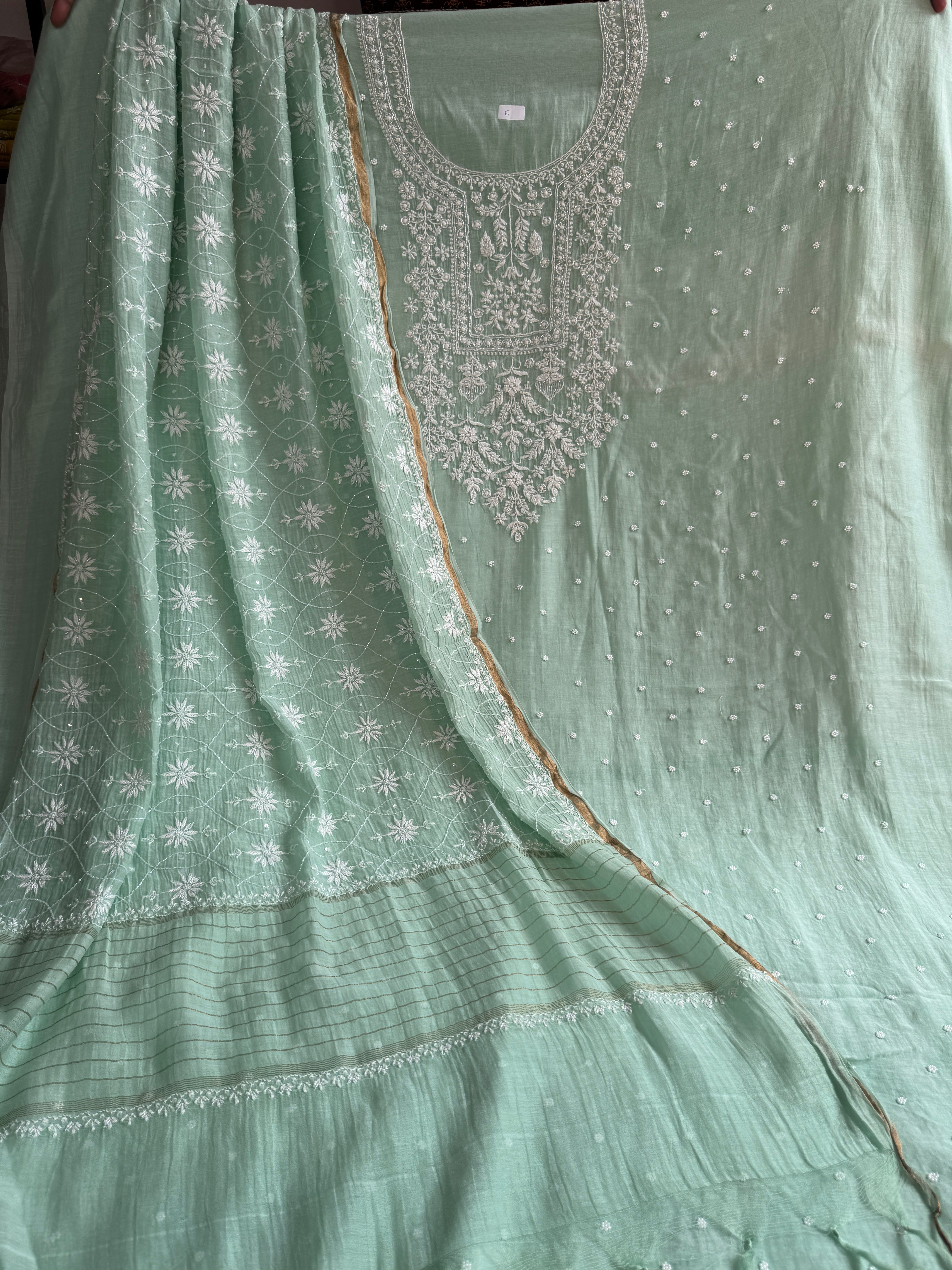 Mul Chanderi Chikankari - Unstitched Set - Sea Blue