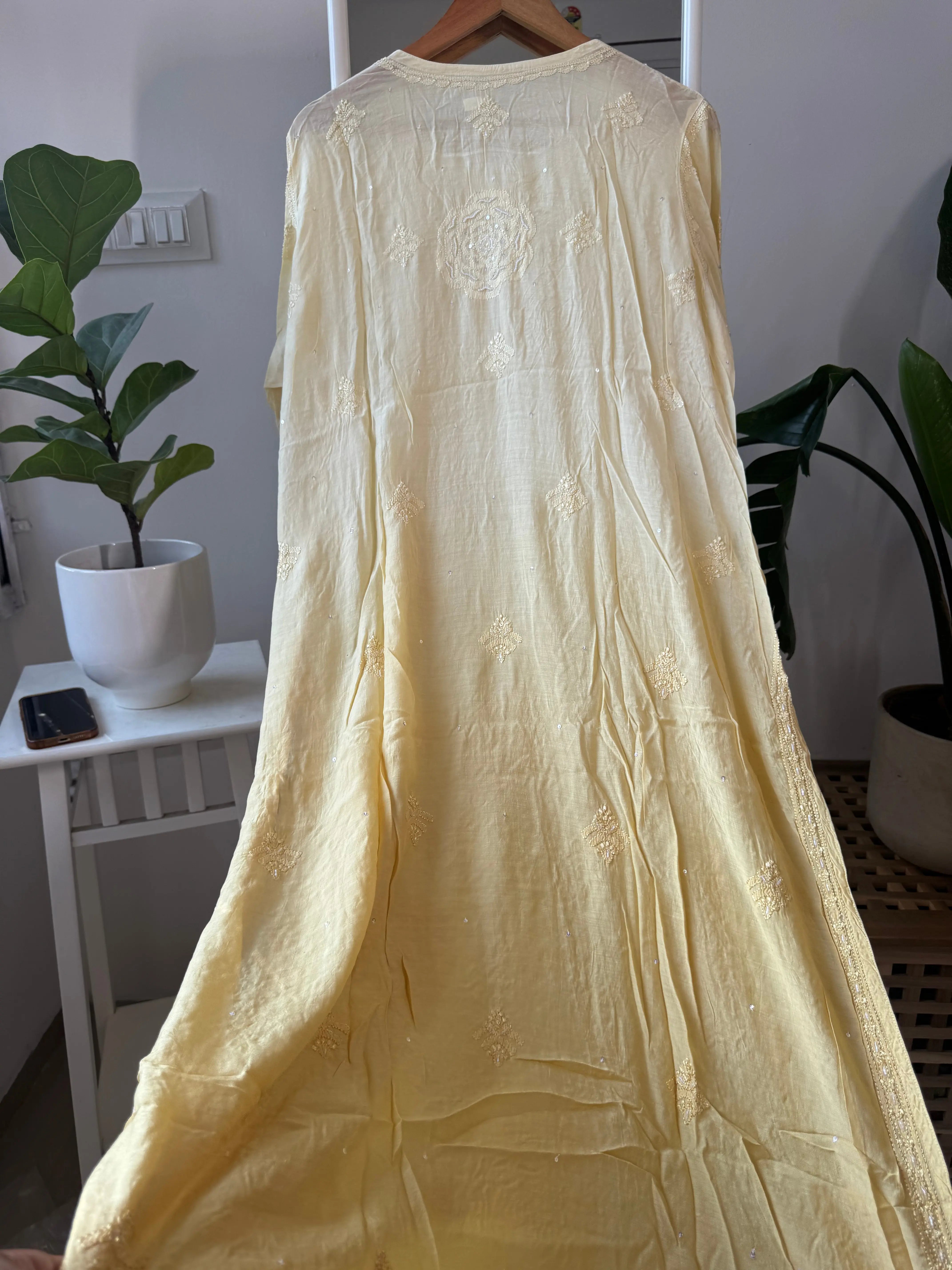 Muslin Chikankari Kurti with Pearl Work - Cream Yellow ARIAA CHIKANKARI