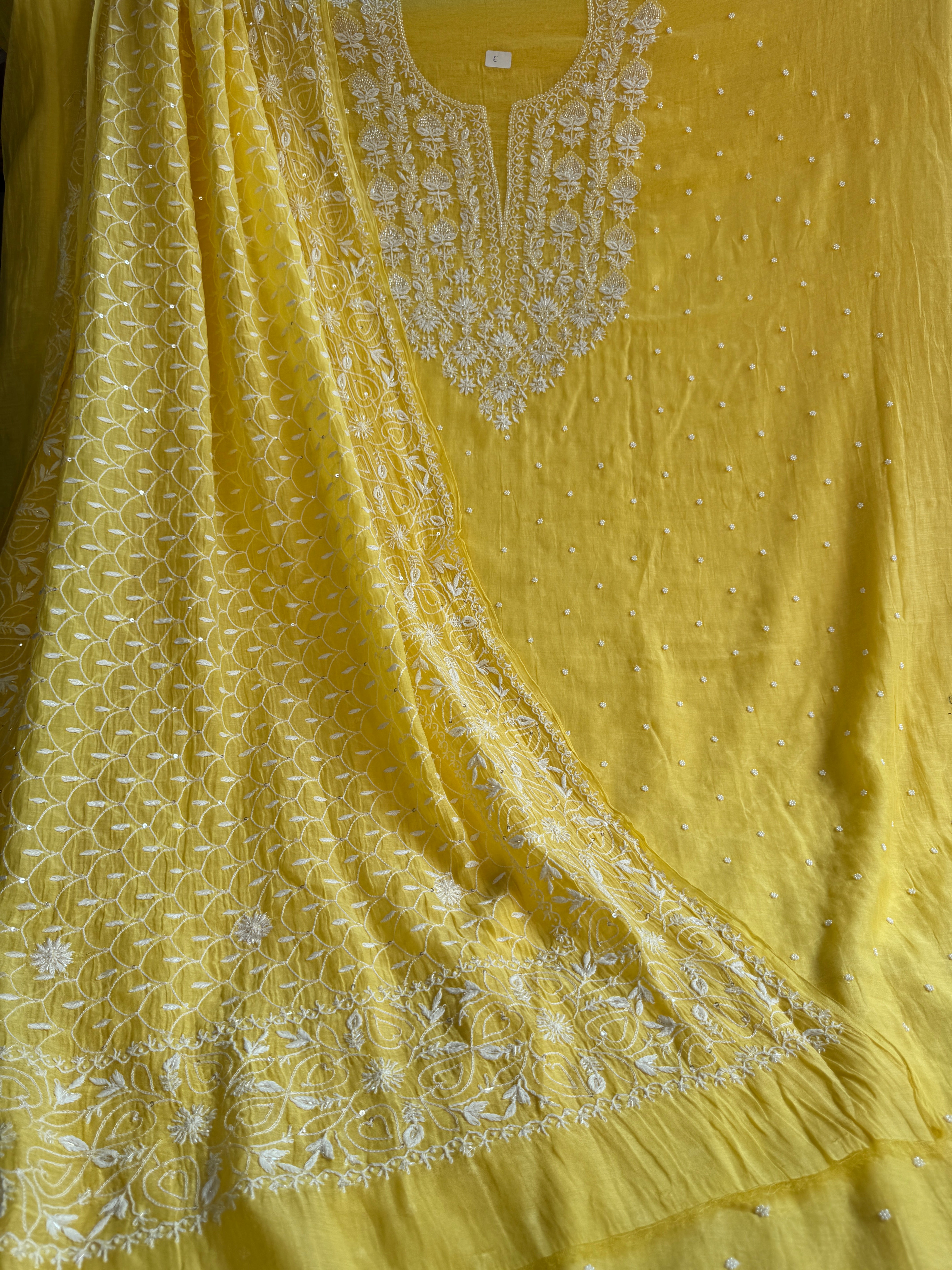 Mul Chanderi Chikankari - Unstitched Set - Yellow