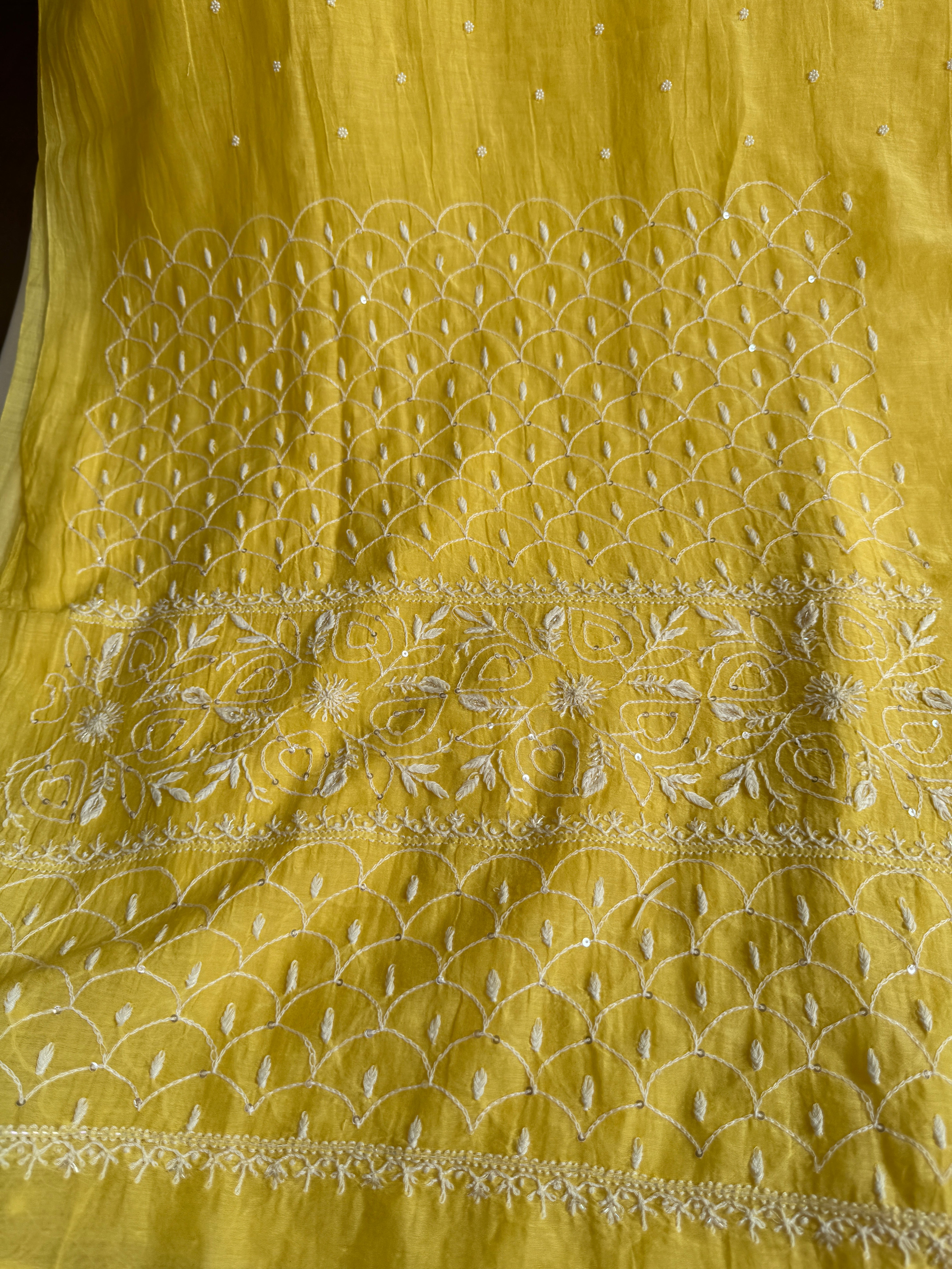 Mul Chanderi Chikankari - Unstitched Set - Yellow
