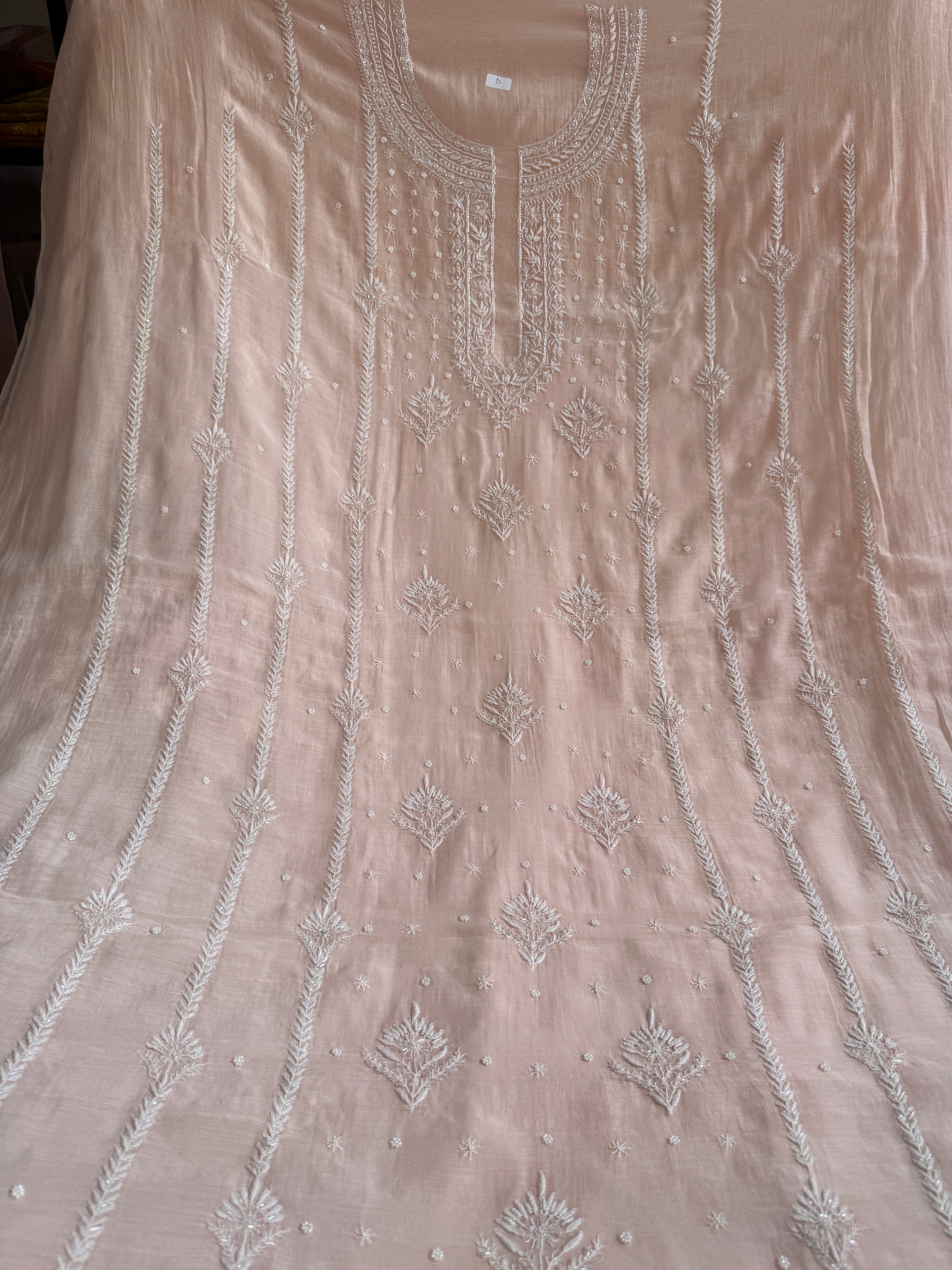 Mul Chanderi Chikankari Unstitched Length with Dupatta - Pale Pink