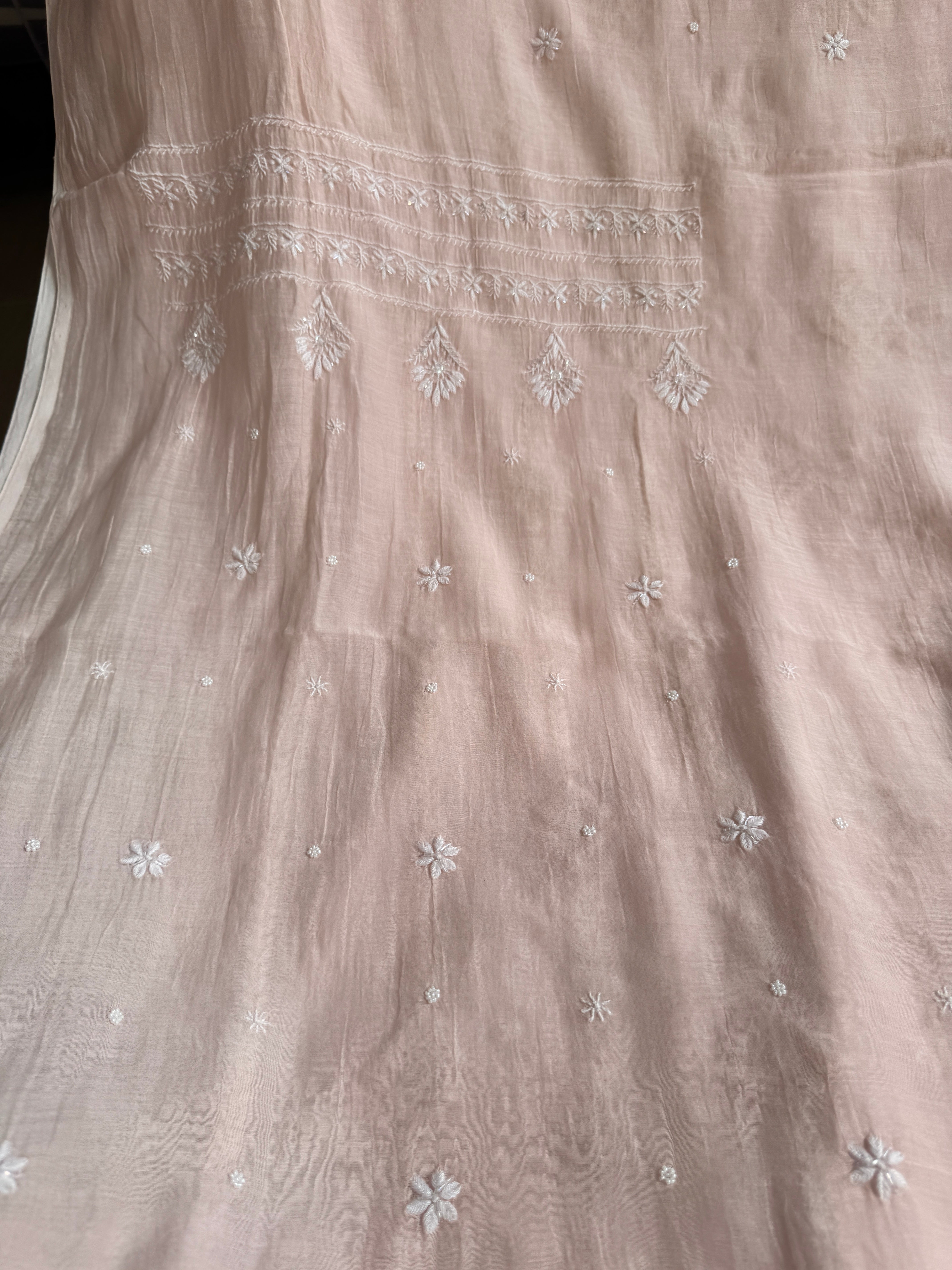 Mul Chanderi Chikankari Unstitched Length with Dupatta - Pale Pink