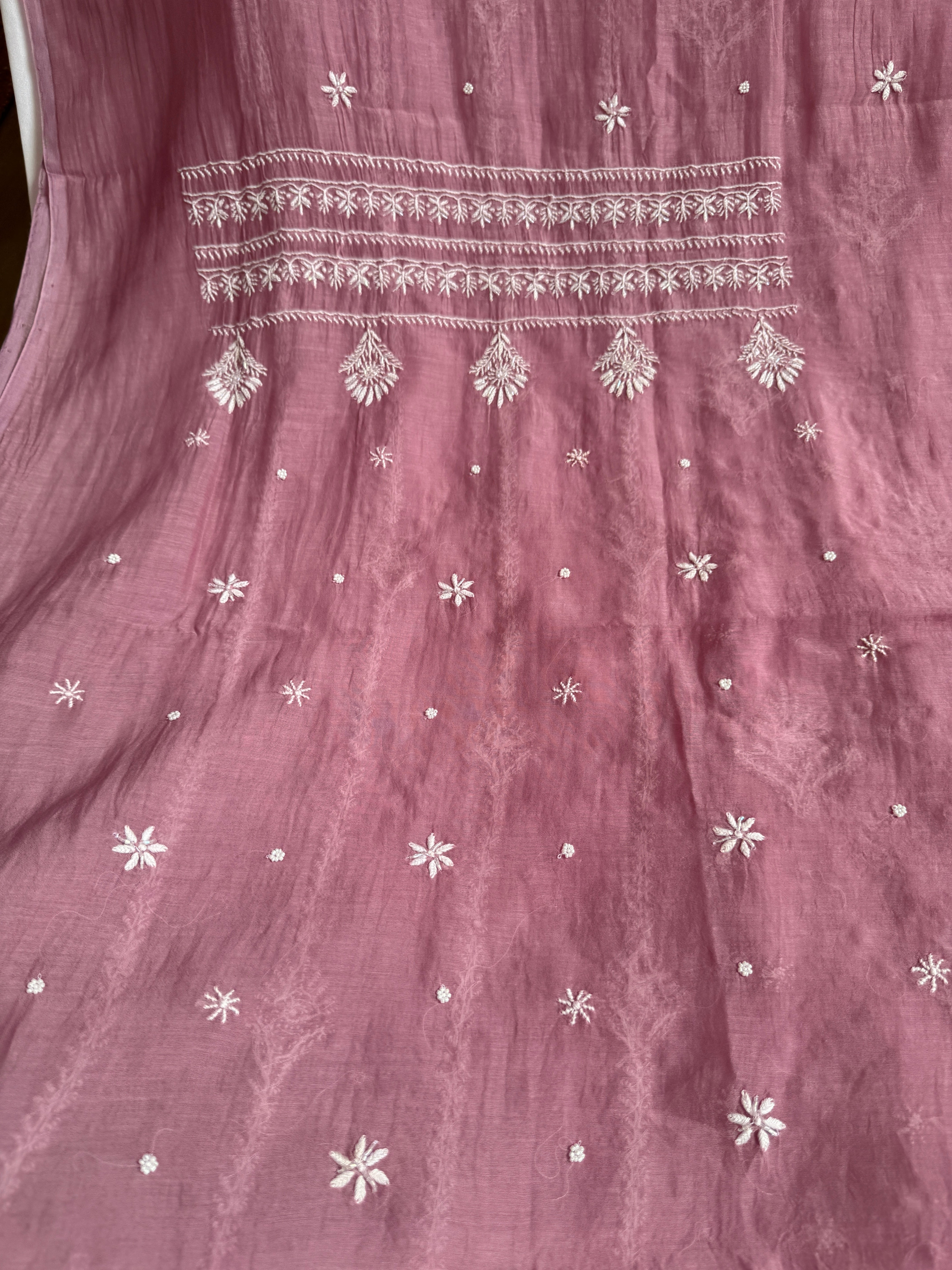 Mul Chanderi Chikankari Unstitched Length with Dupatta - Mauve