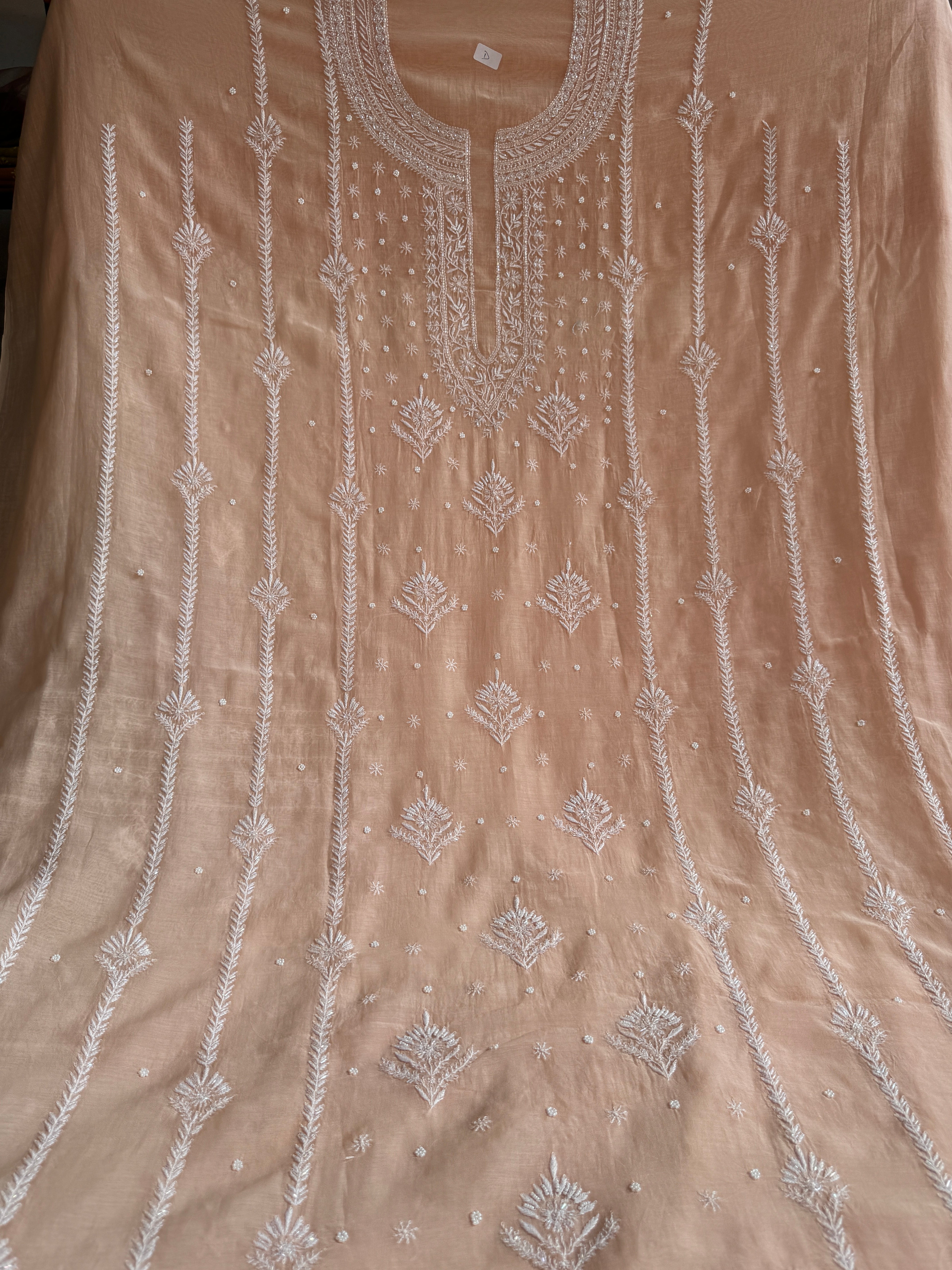 Mul Chanderi Chikankari Unstitched Length with Dupatta - Peach