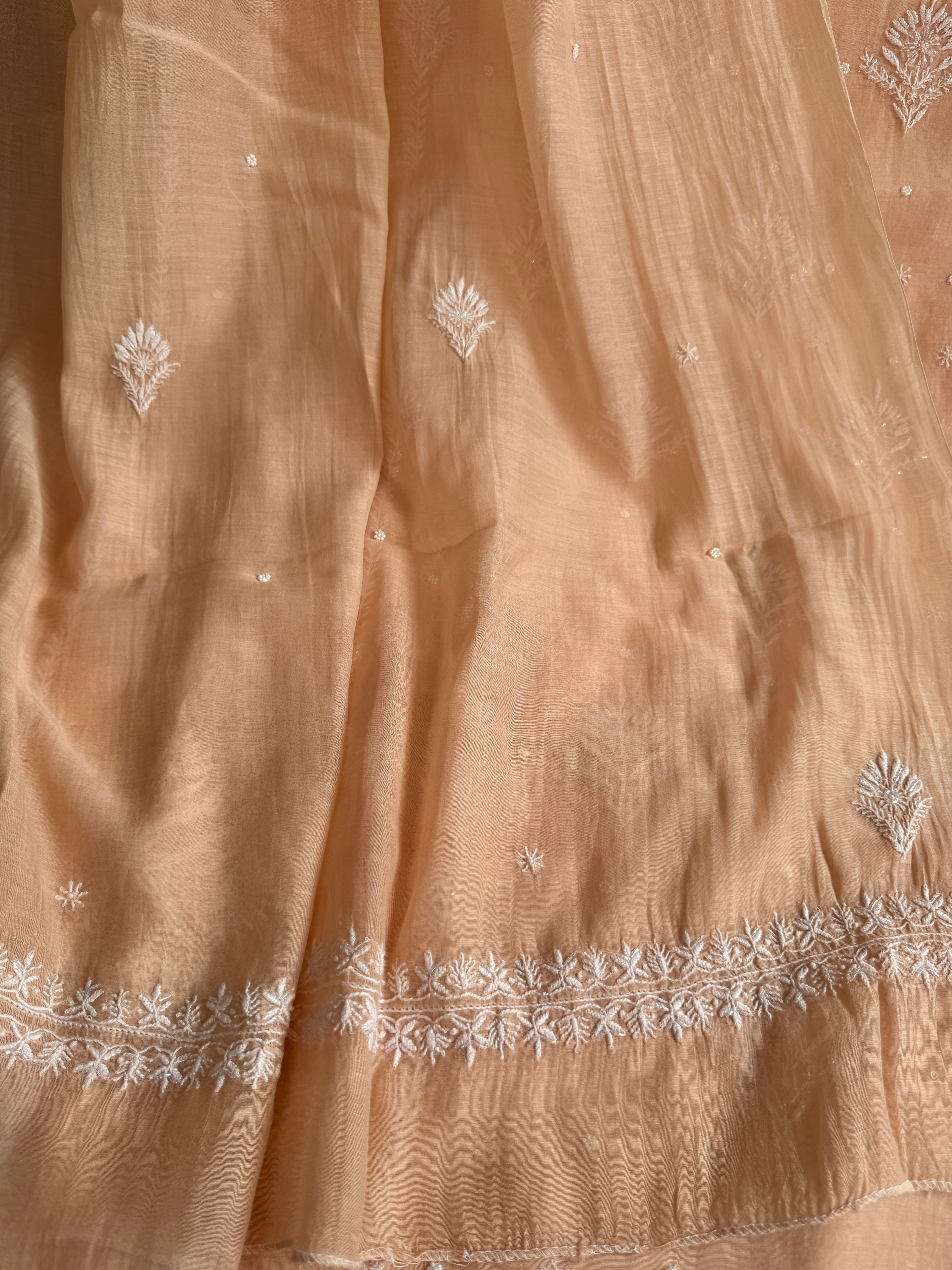 Mul Chanderi Chikankari Unstitched Length with Dupatta - Peach