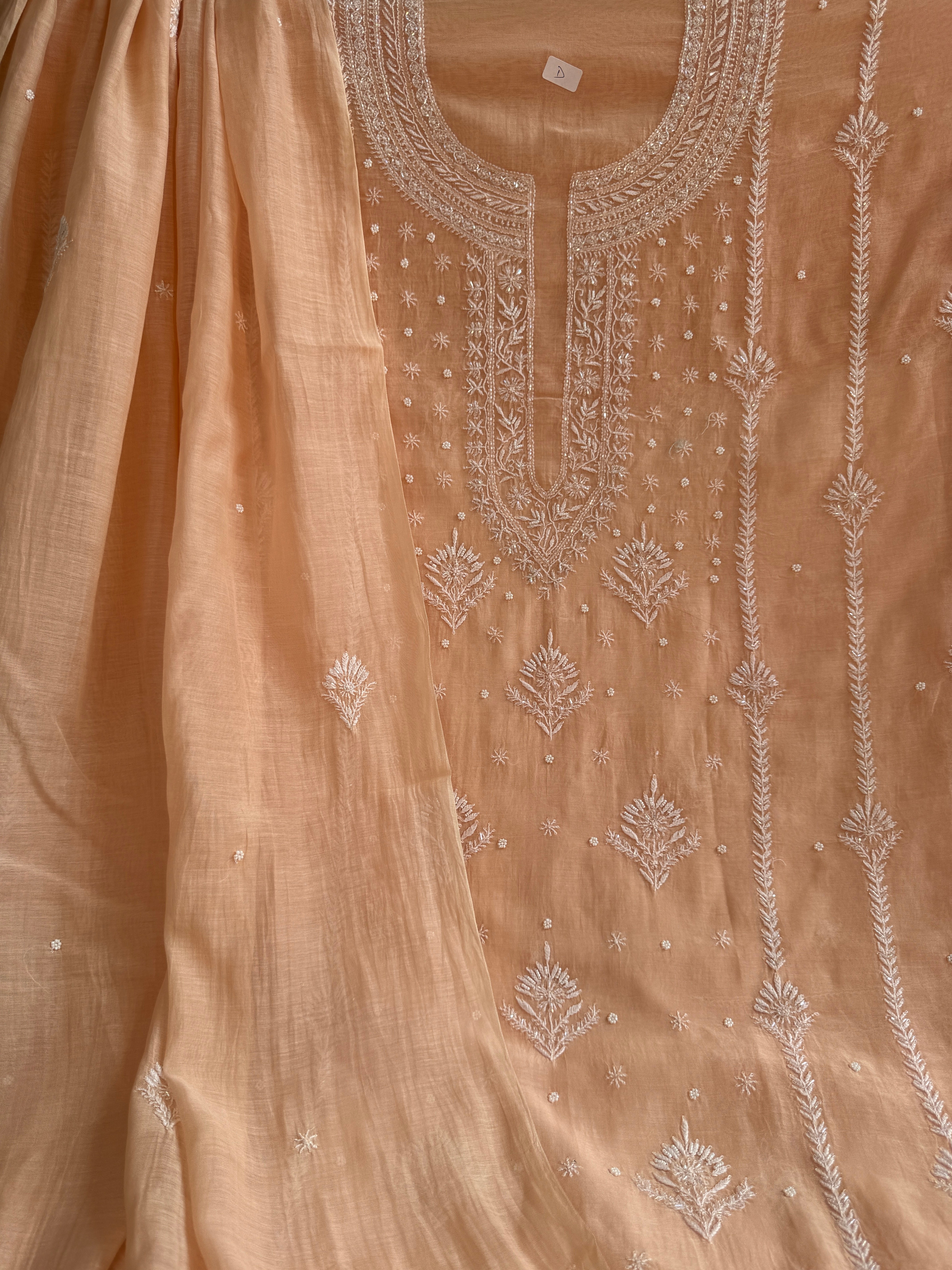 Mul Chanderi Chikankari Unstitched Length with Dupatta - Peach