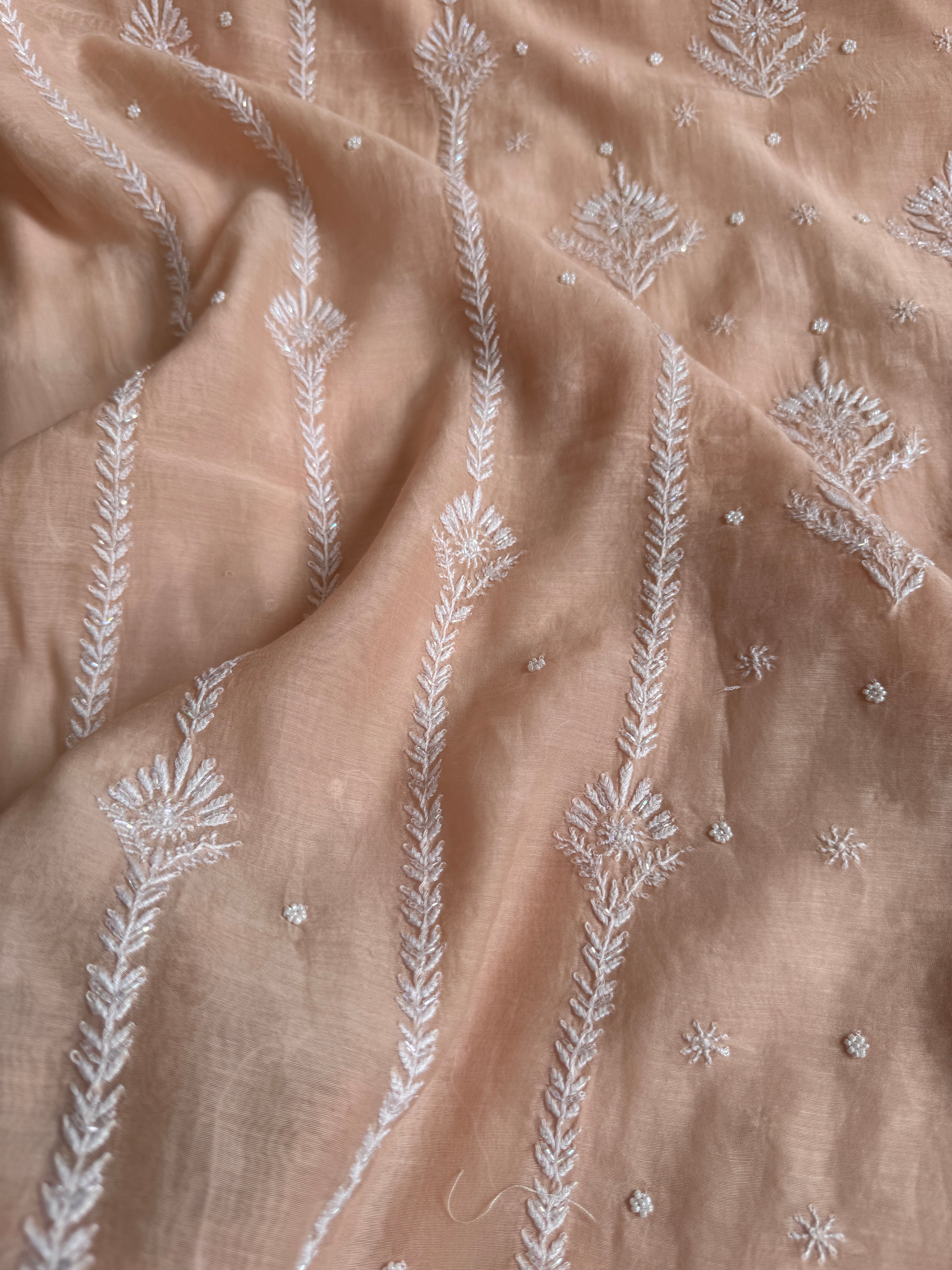 Mul Chanderi Chikankari Unstitched Length with Dupatta - Peach