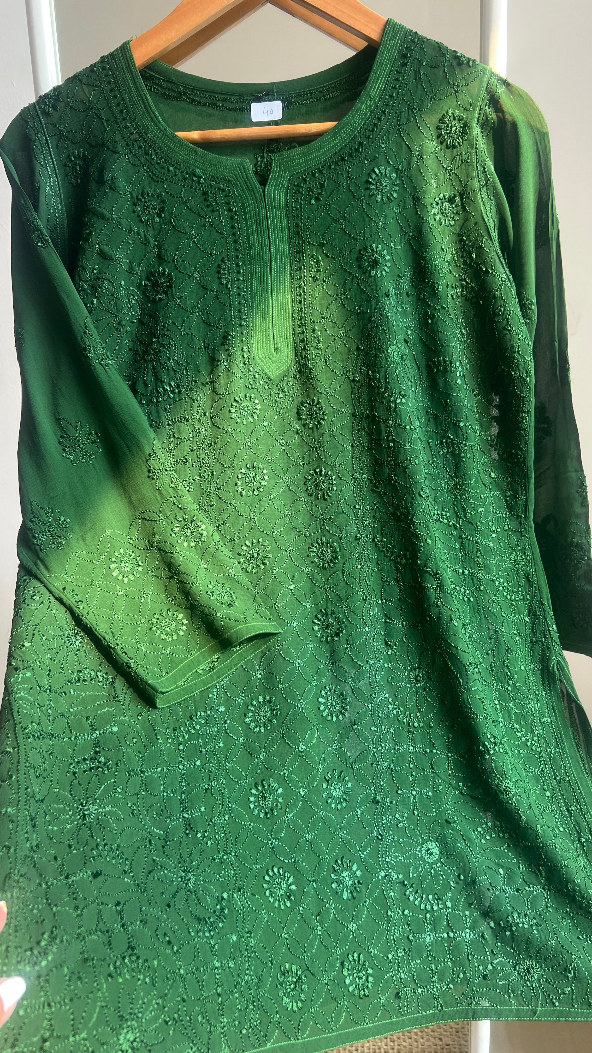 Chikankari Viscose Georgette short Top in Green