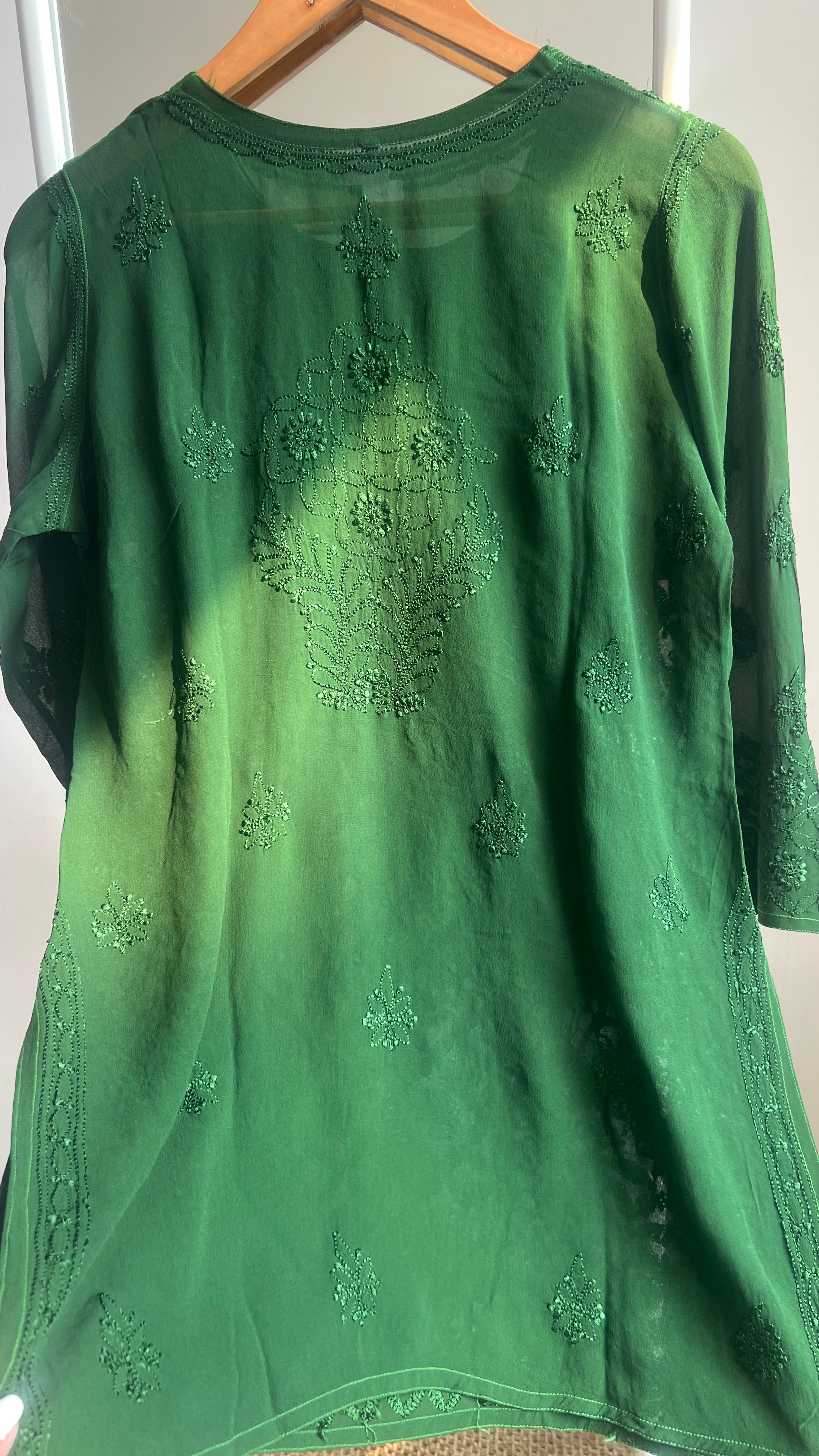 Chikankari Viscose Georgette short Top in Green