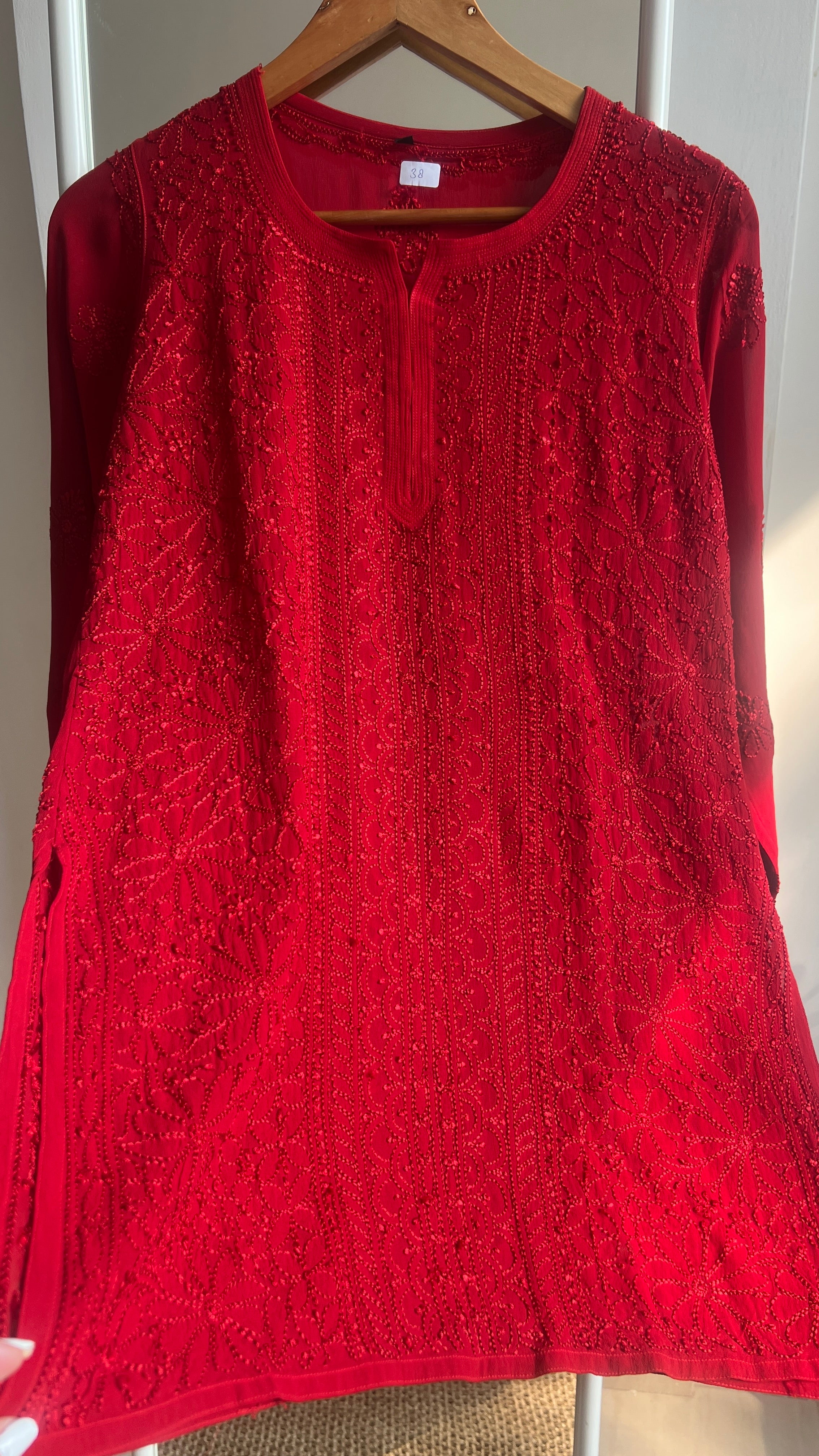 Chikankari Viscose Georgette short Top in Red