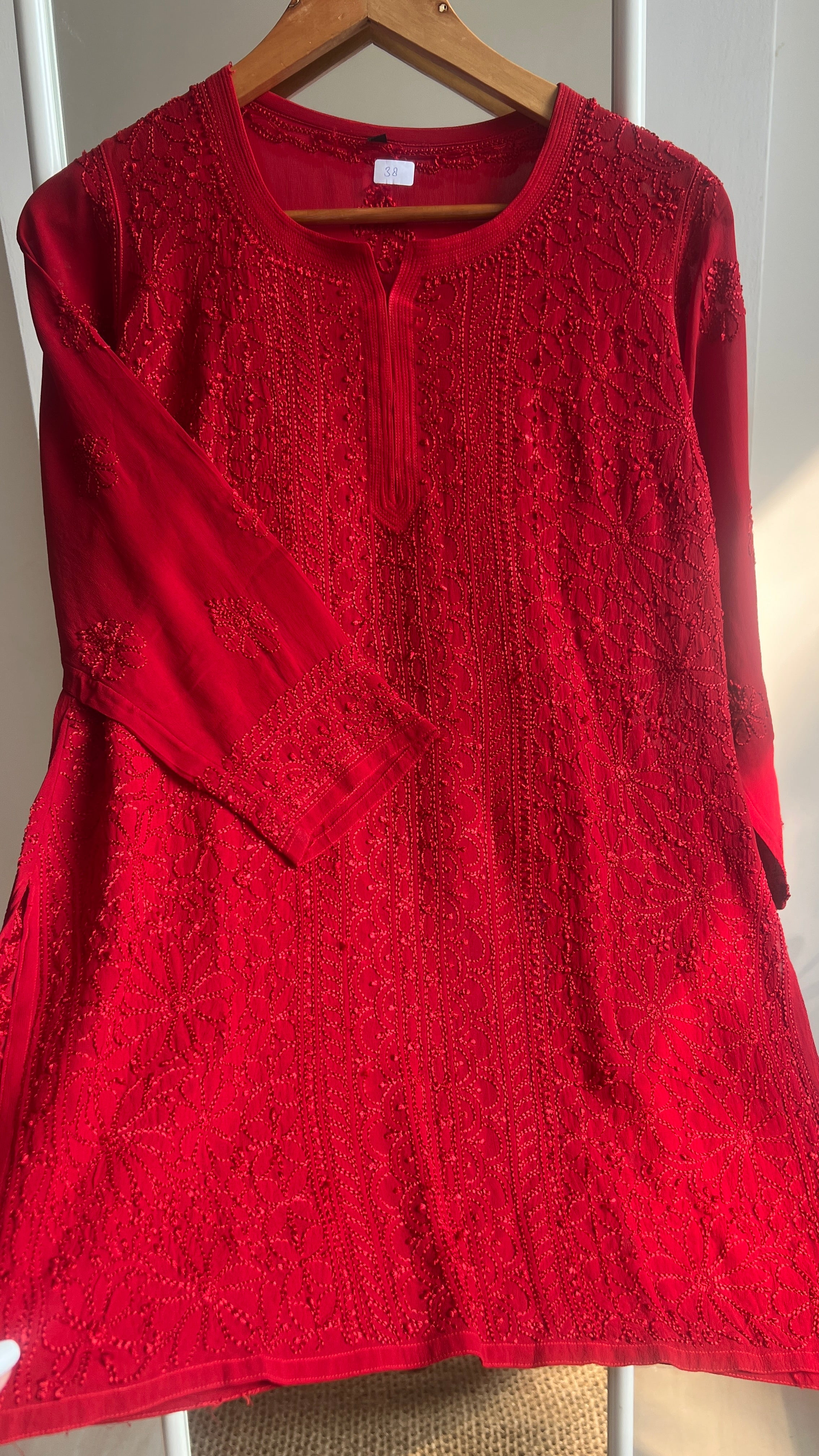 Chikankari Viscose Georgette short Top in Red