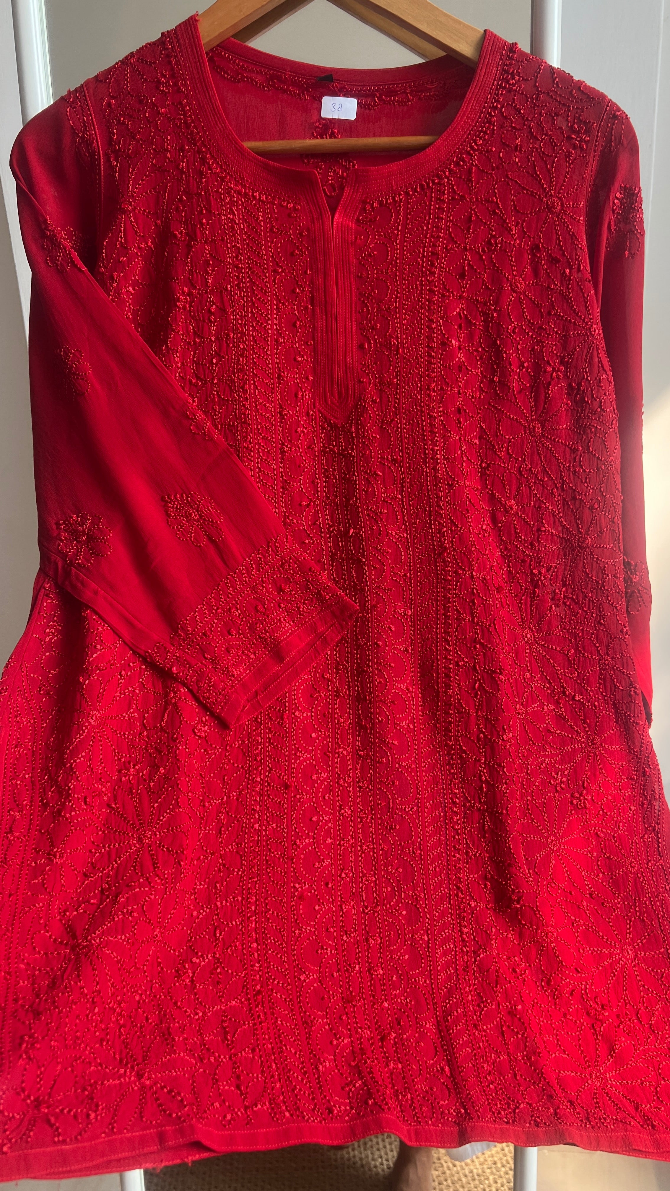 Chikankari Viscose Georgette short Top in Red