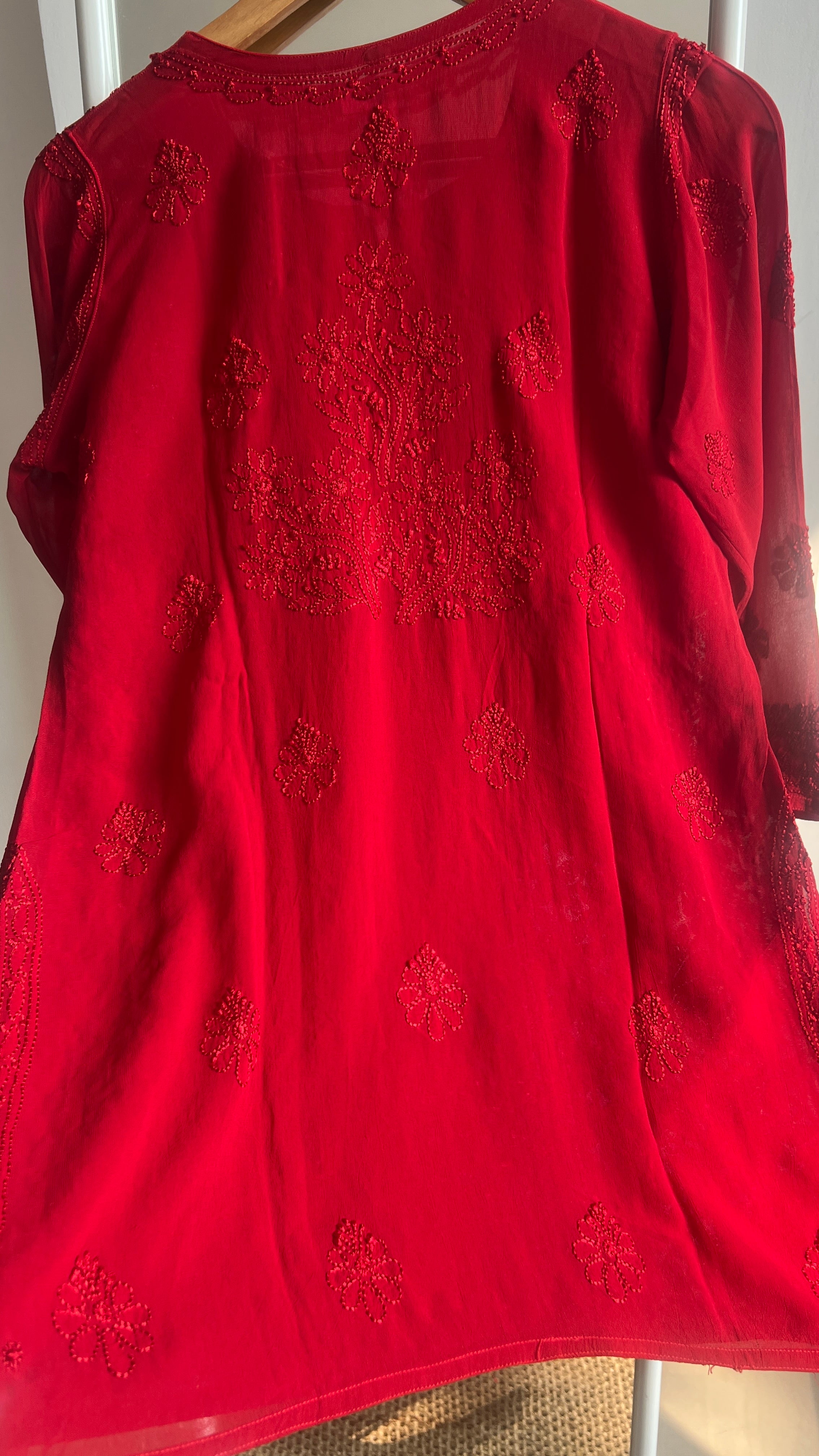 Chikankari Viscose Georgette short Top in Red