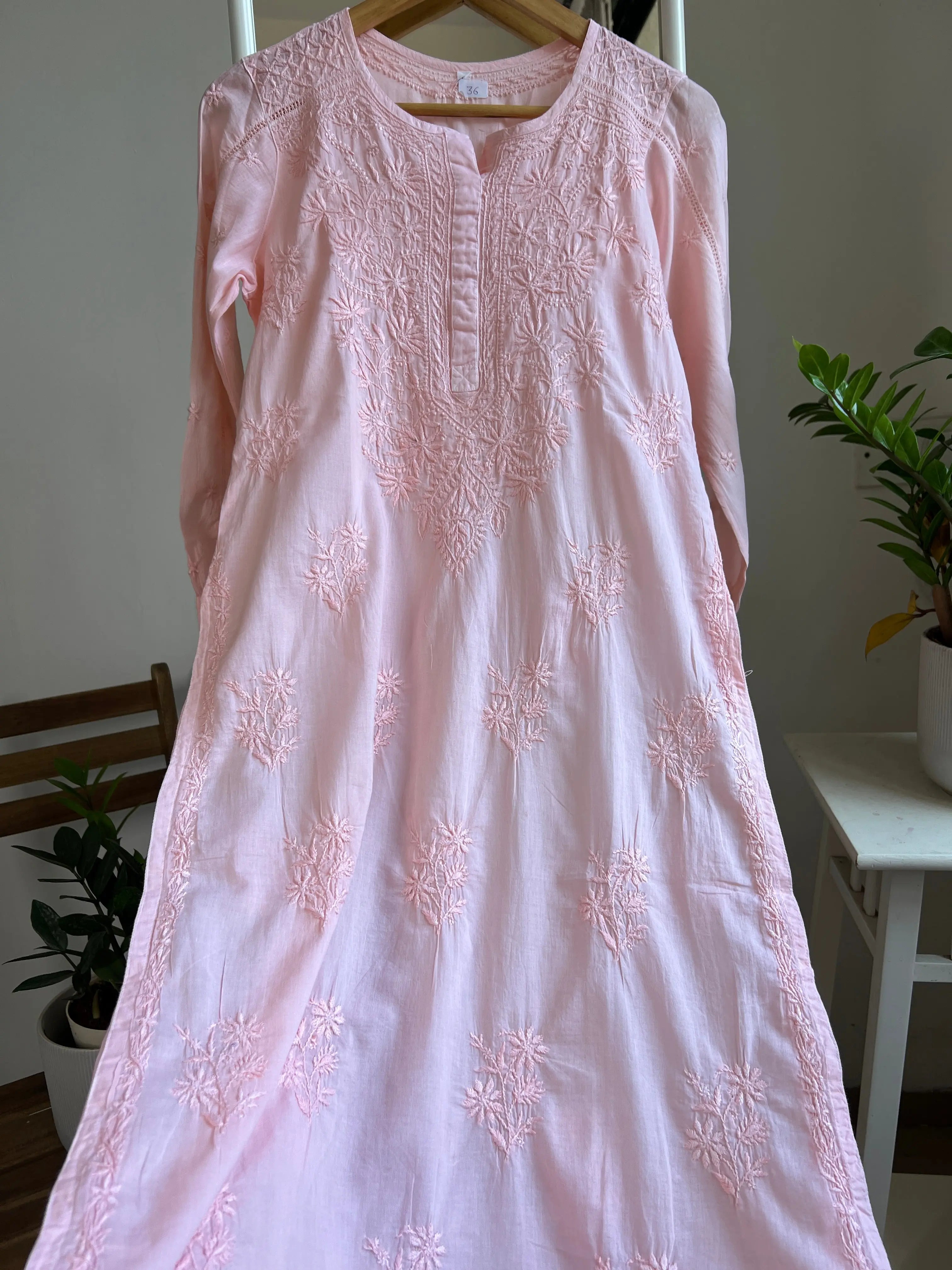 Mul Cotton Peach Chikankari Kurti - Saaz Collection ARIAA CHIKANKARI