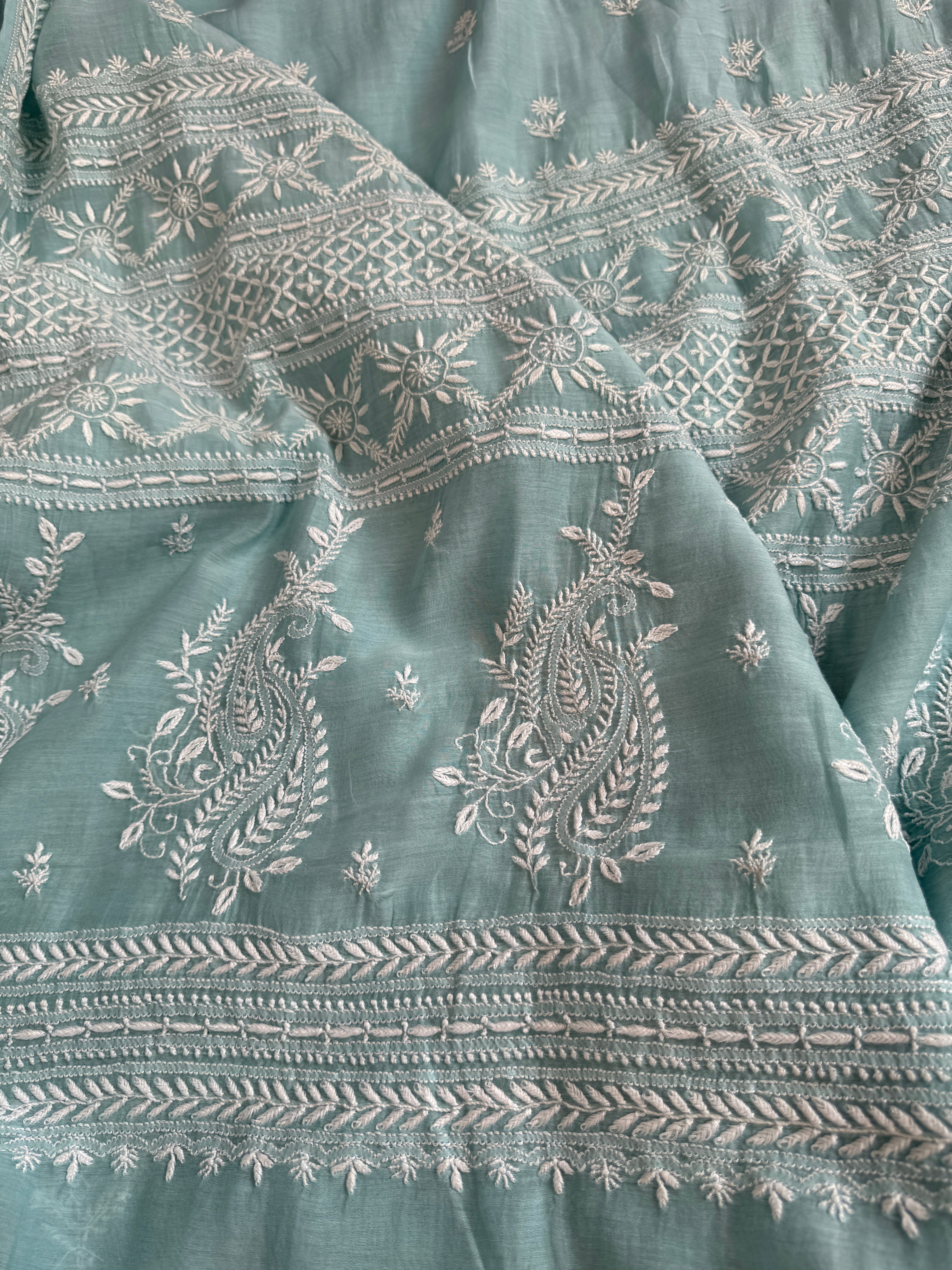 Pure Mul Chanderi Chikankari saree in Sea Blue