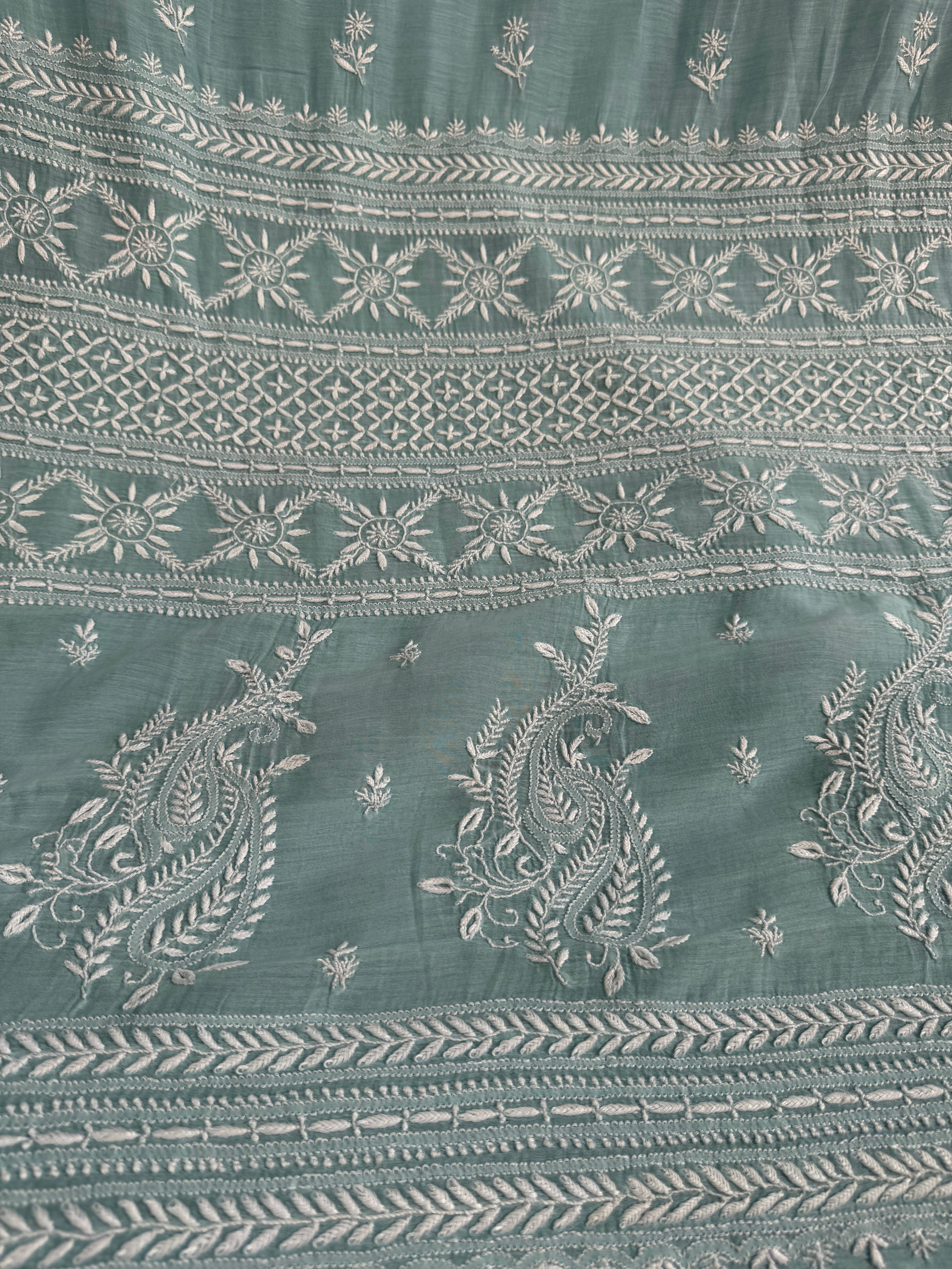 Pure Mul Chanderi Chikankari saree in Sea Blue