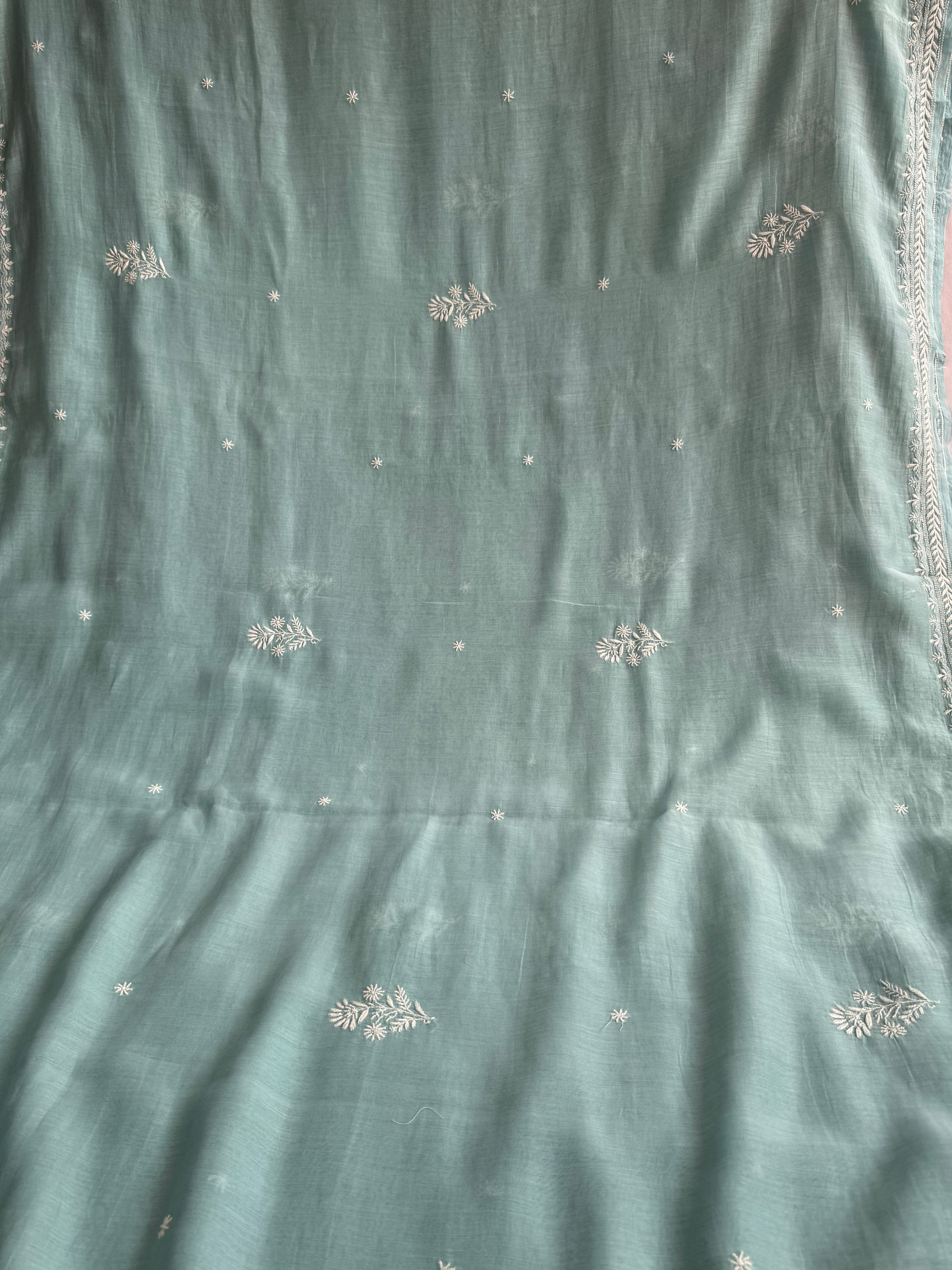 Pure Mul Chanderi Chikankari saree in Sea Blue
