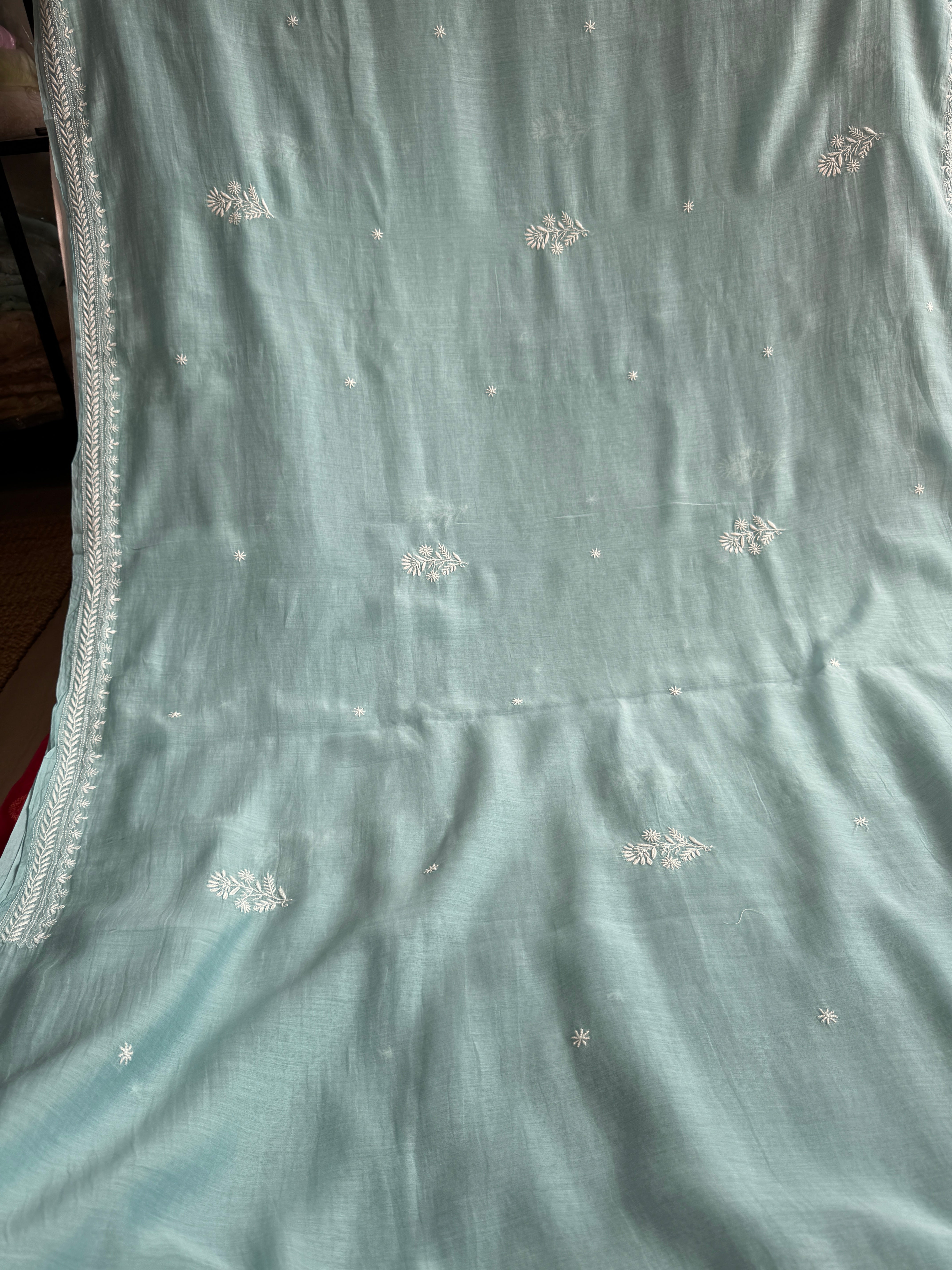 Pure Mul Chanderi Chikankari saree in Sea Blue