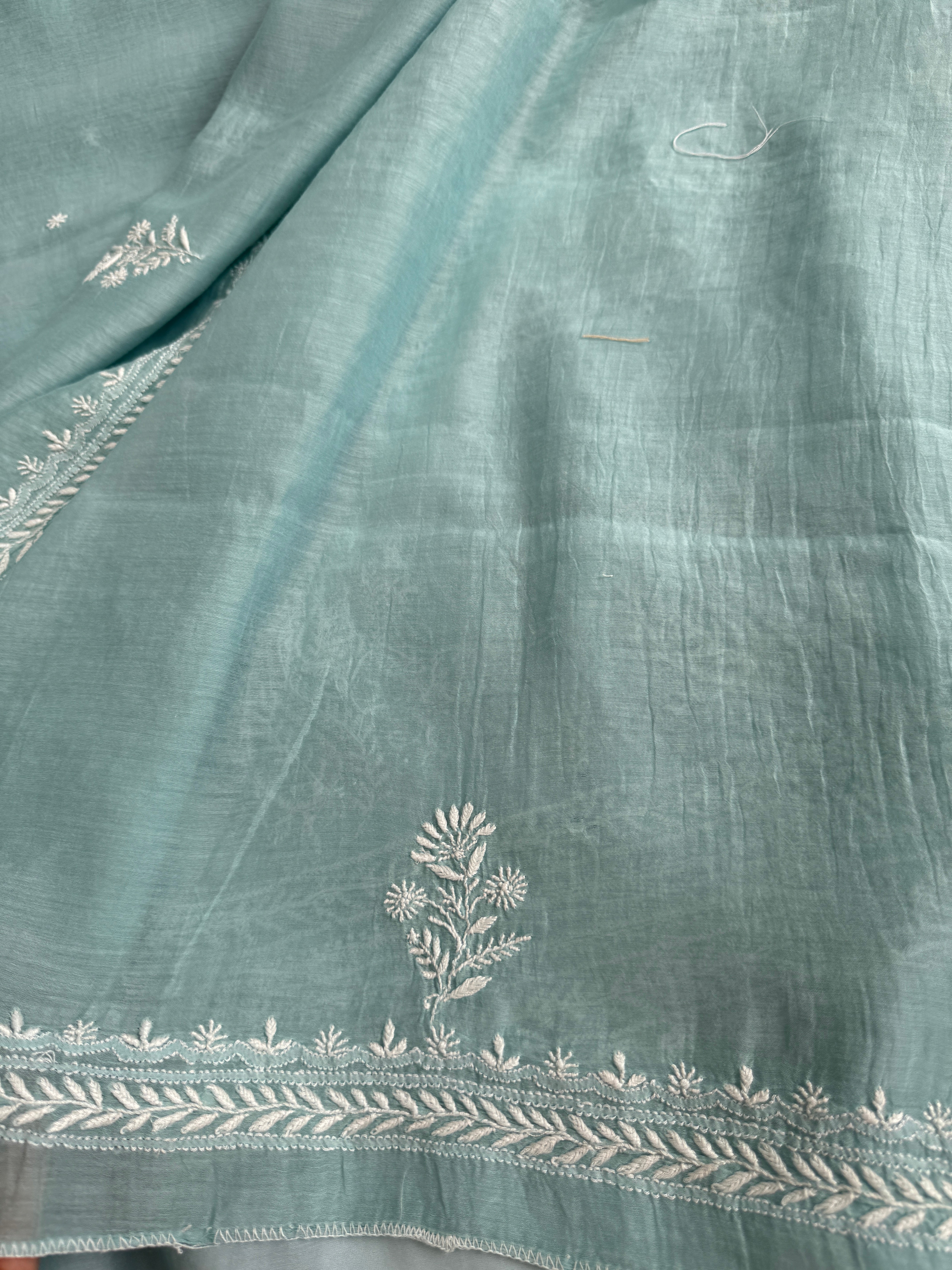 Pure Mul Chanderi Chikankari saree in Sea Blue