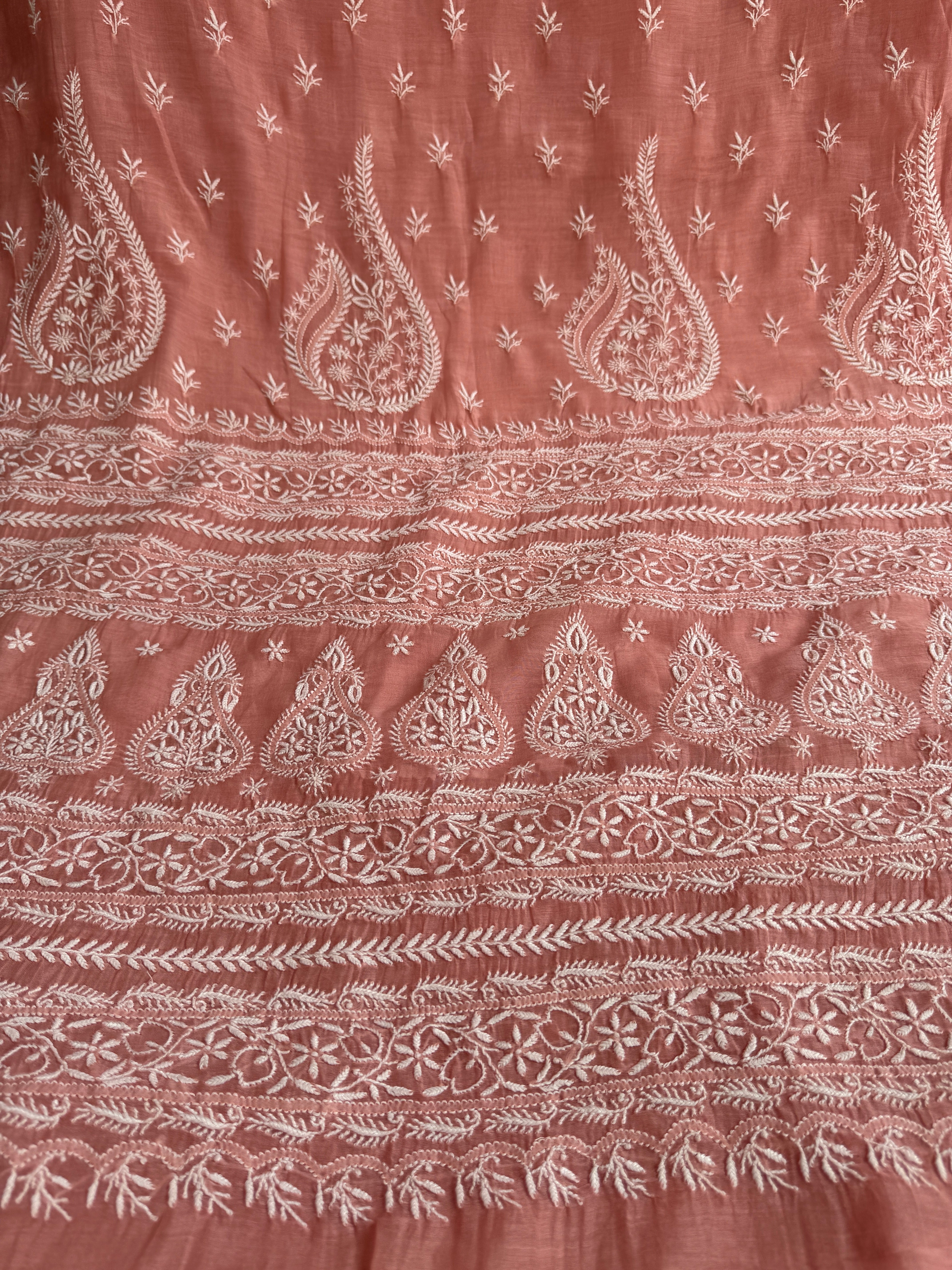 Pure Mul Chanderi Chikankari saree in Rosewood pink