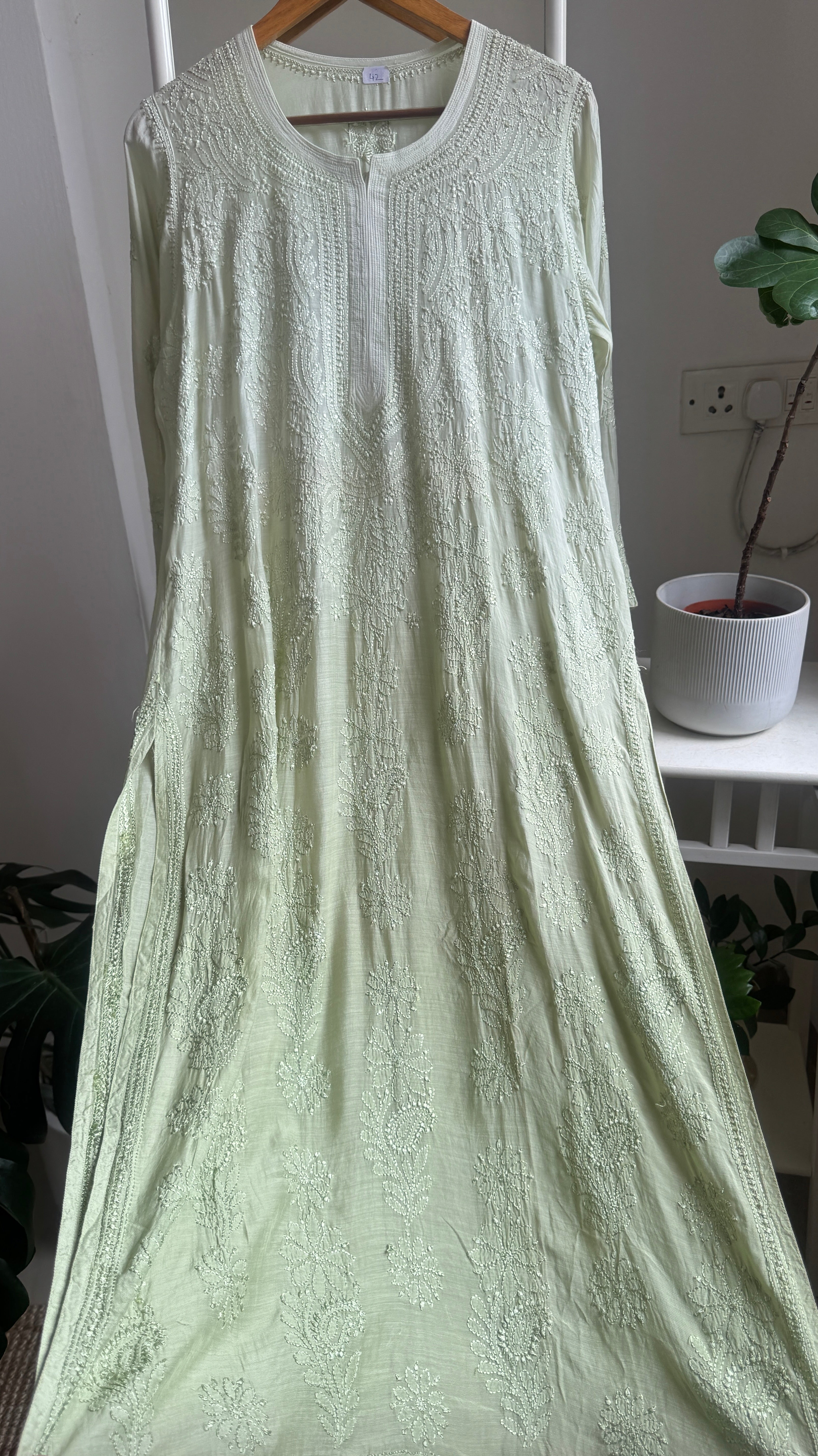 Muslin Chikankari Kurti - Light Pista Green - BERRY Collection