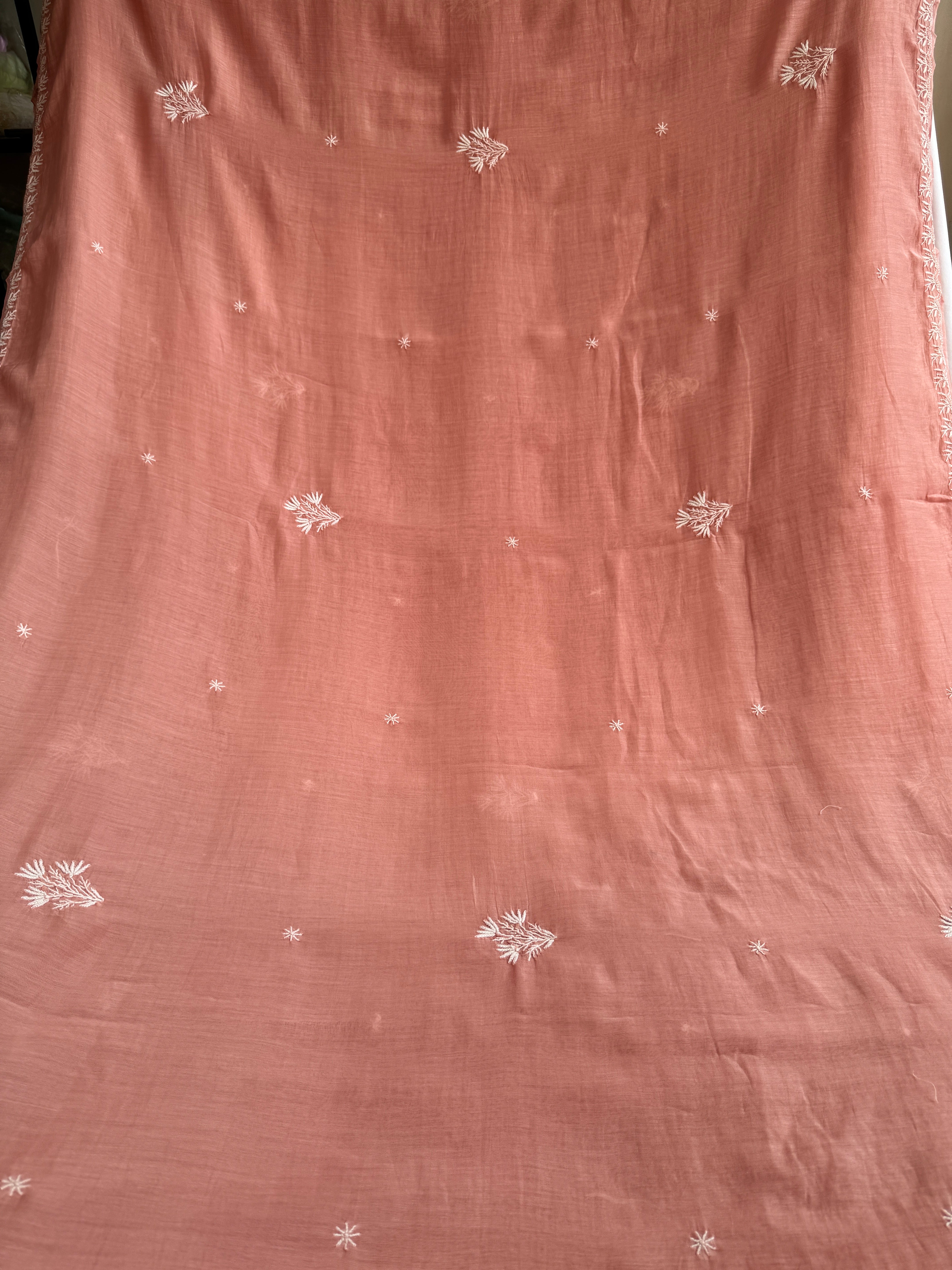 Pure Mul Chanderi Chikankari saree in Rosewood pink
