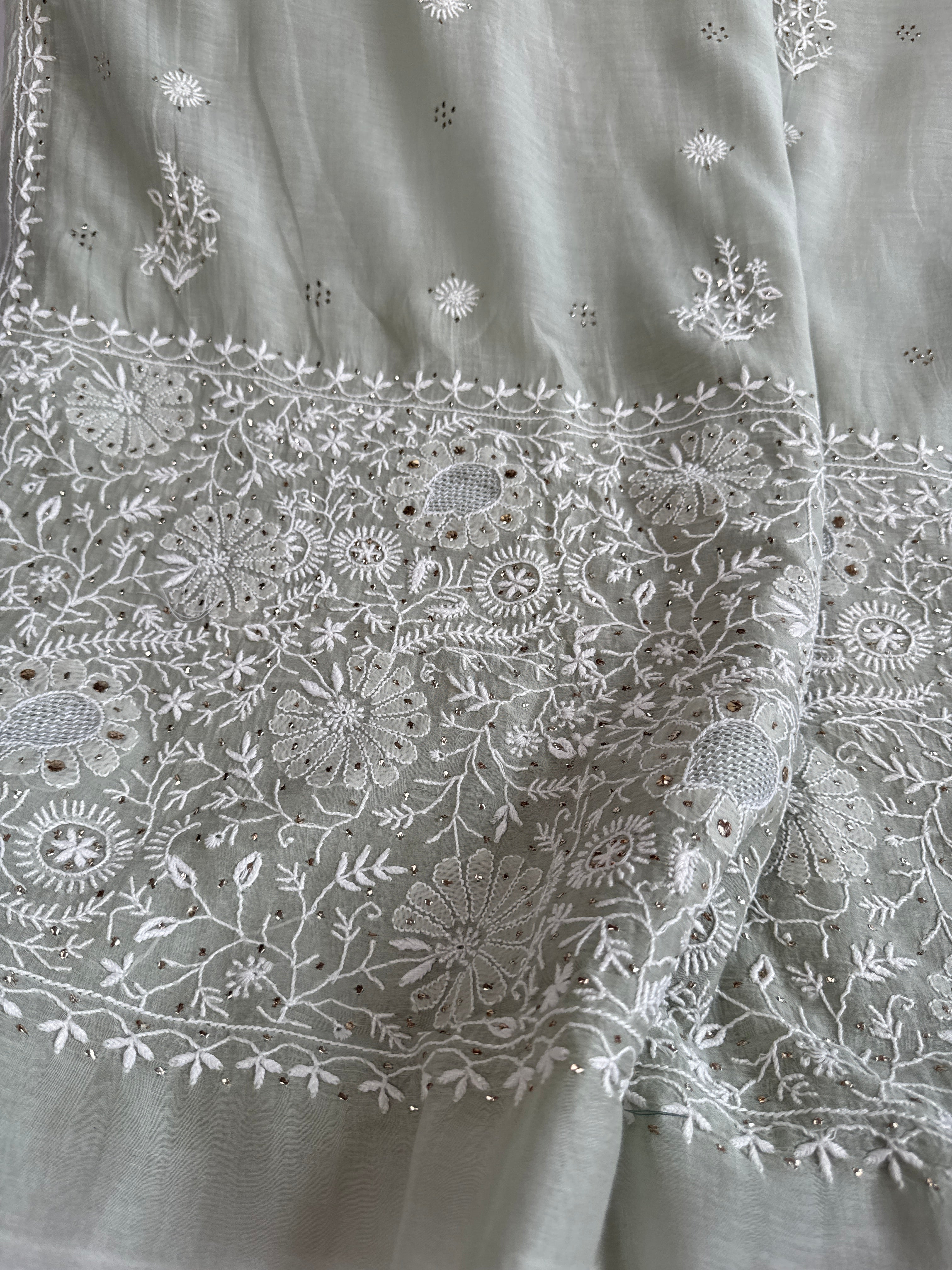 Pure Mul Chanderi Chikankari saree in Grey Green with Mukaish work