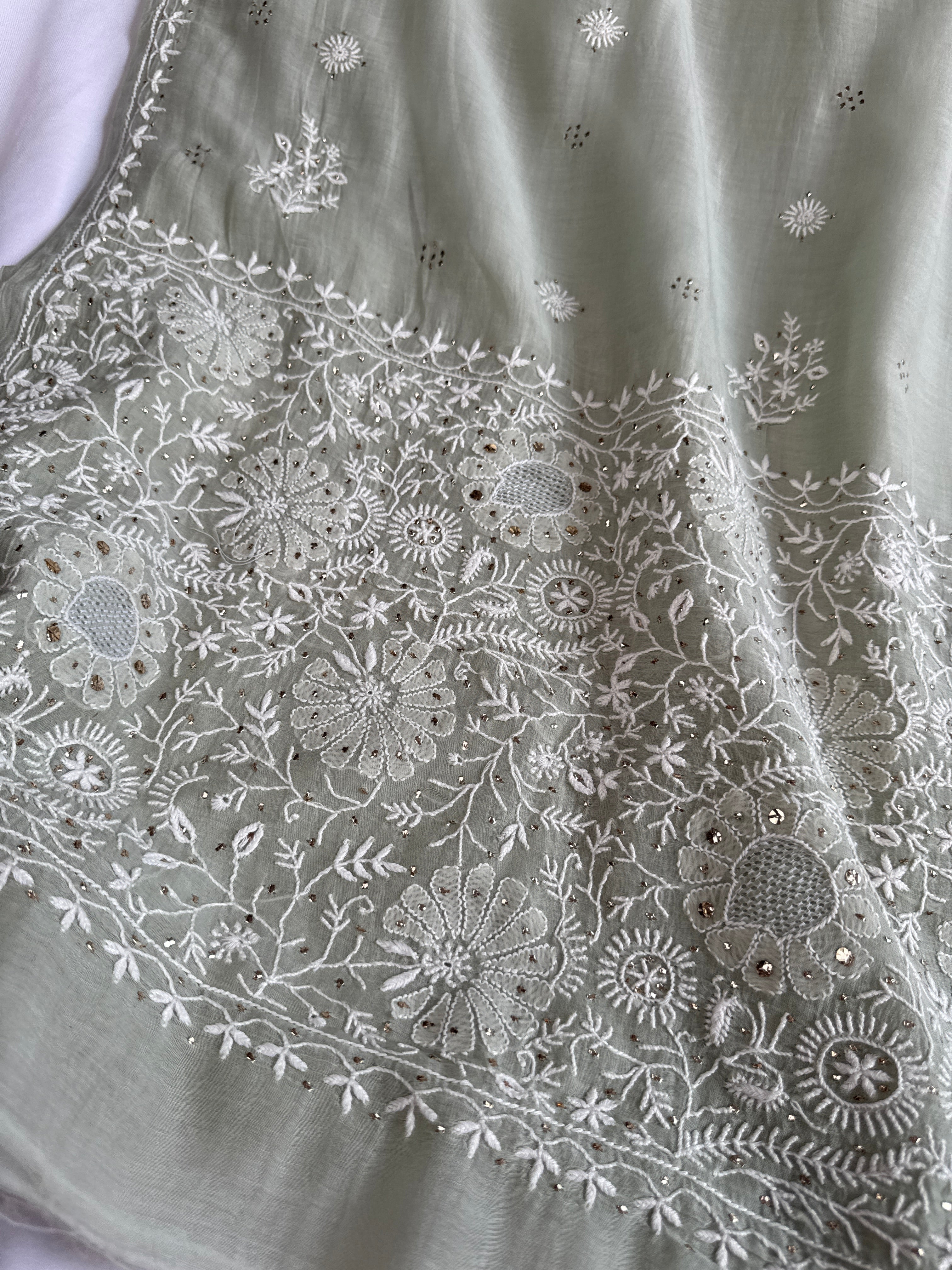 Pure Mul Chanderi Chikankari saree in Grey Green with Mukaish work